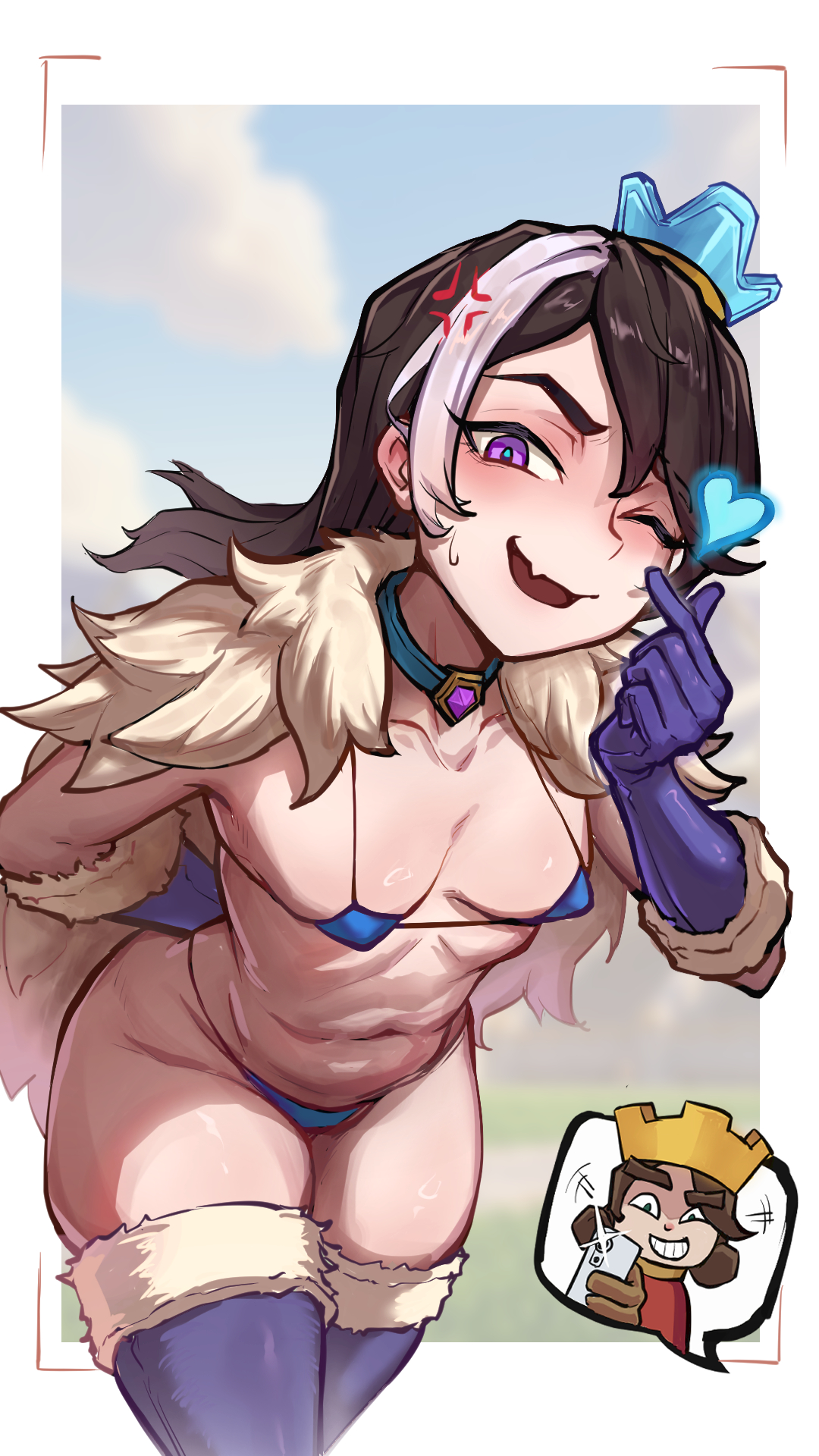 clash (series), clash royale, colored, crown, evo princess, evo princess (clash royale), finger heart, forced smile, heart symbol, lingerie, little prince (clash royale), millions-leebay, prince, princess, princess (clash royale), recording on phone, royalty, sexy lingerie