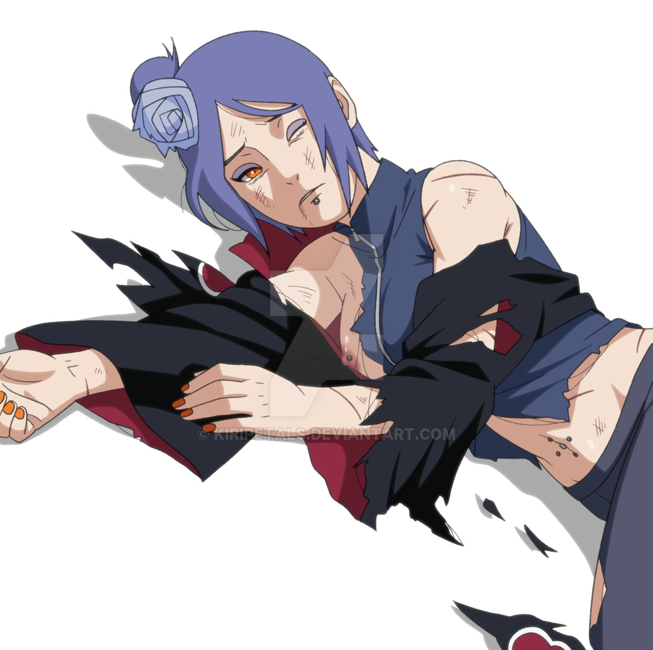 1girls, blue hair, defeated, defeated heroine, female, female only, kiripetals, konan, makeup, medium breasts, nail polish, naruto (series), nipple piercing, nipples, orange eyes, short hair, solo, solo female, torn clothes