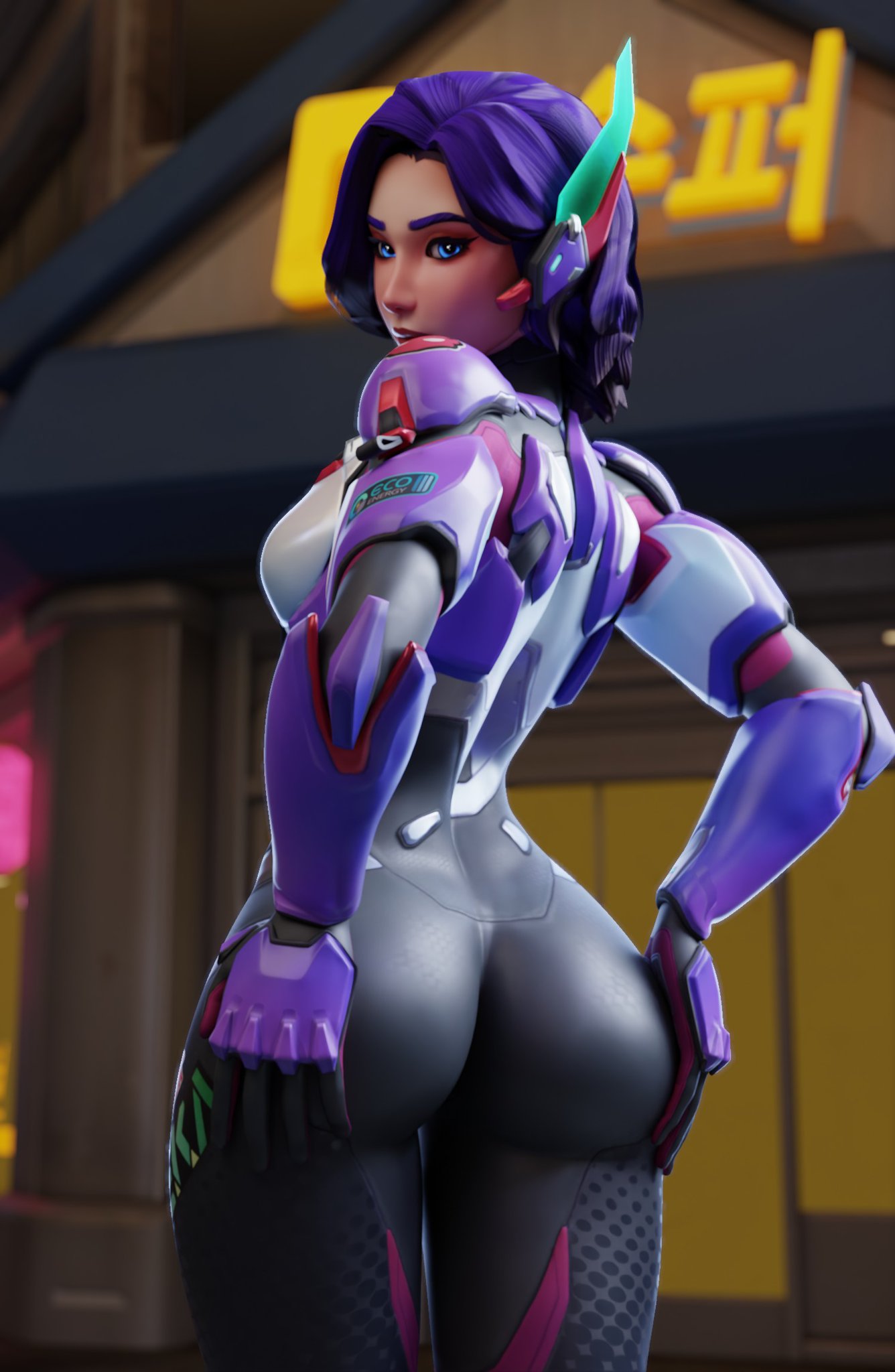 ass grab, d.mon, dzooworks, female, gloves, looking back, overwatch, yuna lee