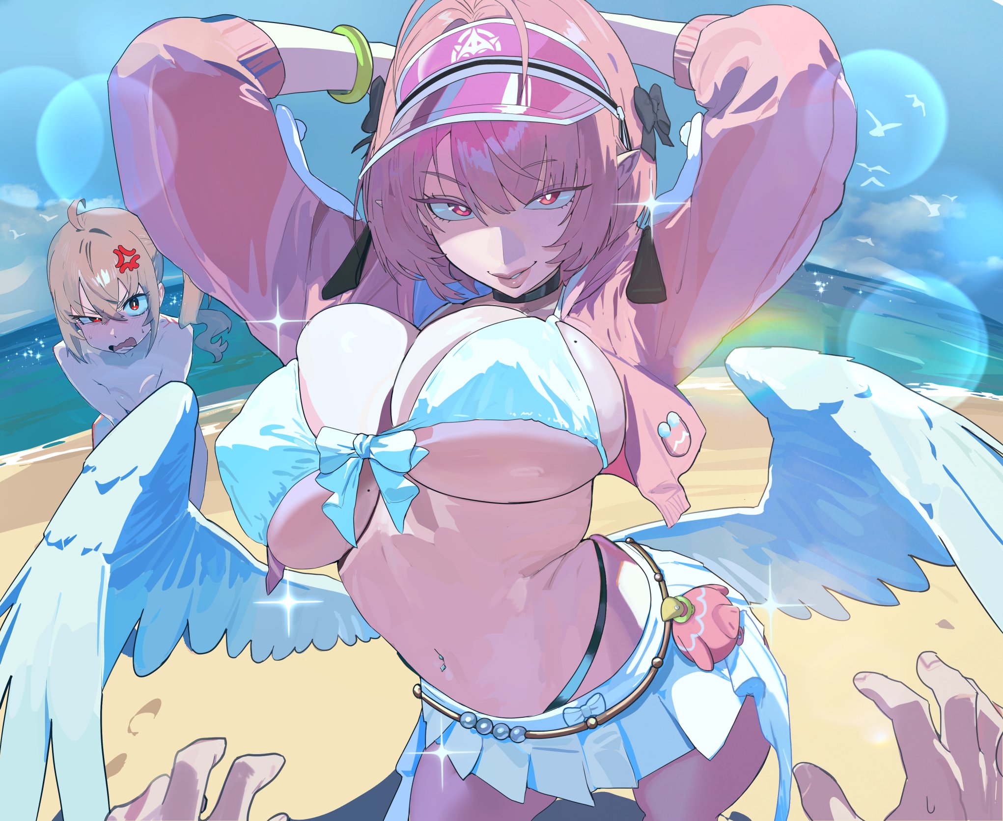 1boy, 2girls, ahoge, angel wings, angry, arms up, bangs, beach, belly button piercing, belt, belt accessory, big breasts, bikini, bikini bottom, birds, blonde hair, blue sky, bouncing breasts, bracelet, breasts, cleavage, convenient censoring, cosplay, daytime, dynamic pose, elf ears, female, female focus, hair between eyes, hands, hands behind head, hintobento, hip wings, hoyoverse, jacket, large breasts, lipstick, looking at viewer, luciana de montefio, luciana de montefio (cosplay), luciana de montefio (princess on holiday), makeup, male, male pov, midriff, mihoyo, mole, mole on breasts, naked, naked female, navel, nude, pierced navel, pink eyes, pink hair, pink lipstick, plump lips, pointed ears, ponytail, posing, pov, remielle dan, ribbon, sand, short hair, showing off, skirt, sky, stolen clothes, stolen swimsuit, tied bikini, underboob, visor cap, water, waves, wings, wise (zenless zone zero), zenless zone zero