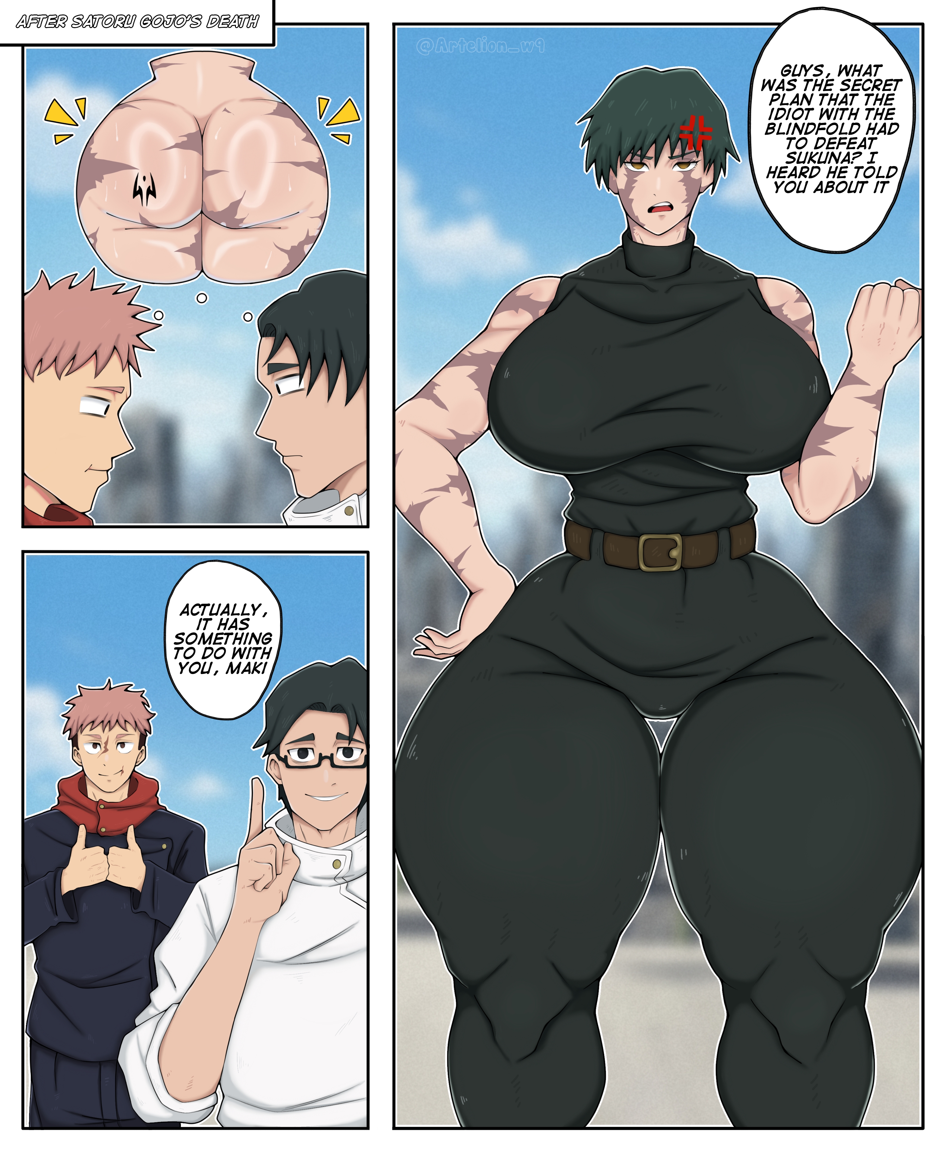 artelion, big ass, big breasts, city background, colored, comic, comic page, itadori yuuji, jujutsu kaisen, maki zenin, text, text box, text bubble, thick ass, thick thighs, yuta okkotsu, zenin maki