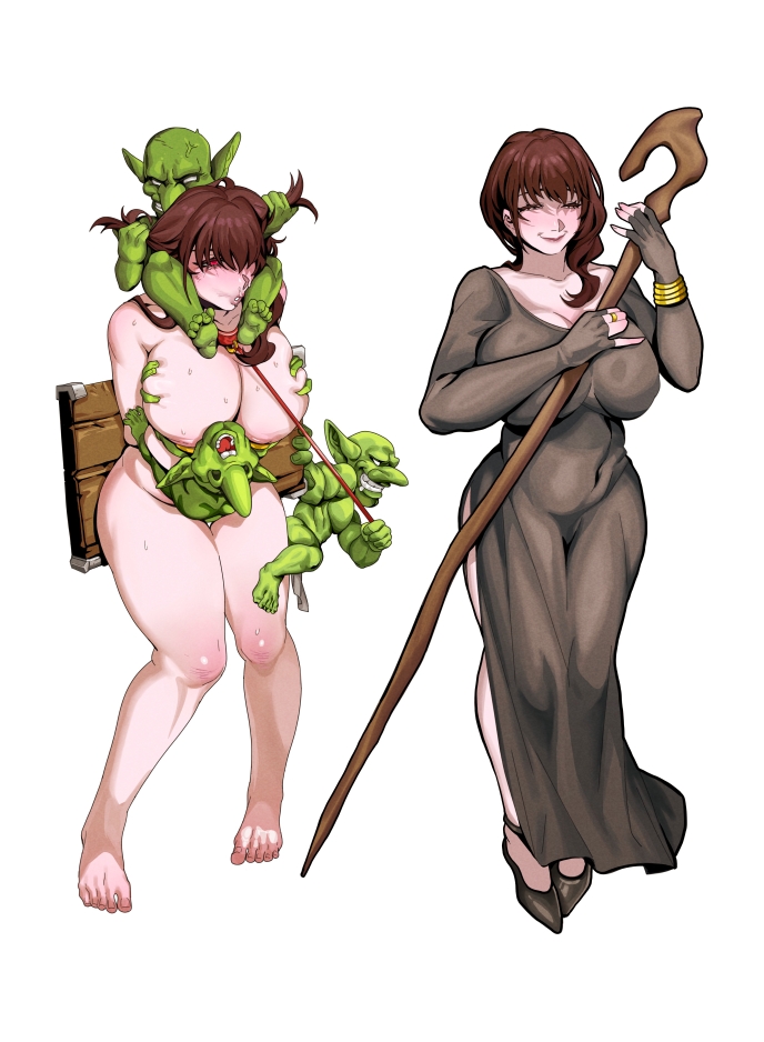 1girls, 3boys, artist request, barefoot, before and after, blushing, bondage, brown hair, captured, captured heroine, clothes removed, collar, corruption, defeat, defeated, defeated heroine, dress, dress removed, dubious consent, erection, feet, female, female focus, female humiliation, forced, forced exposure, forced sex, forced undressing, goblin, goblin male, goblin on human, goblin rape, grabbing, grabbing breasts, grabbing hair, highres, human, human female, instant loss, instant loss 2koma, large breasts, leash, leash pull, mage, male, mature female, monster rape, nude, nude female, nude male, pulling hair, rape, raped, raped by monster, robe, sex slave, shoes, shoes removed, slave, slave girl, soles, staff, sweating, thick thighs, toes, vaginal penetration, vaginal sex, voluptuous, white background
