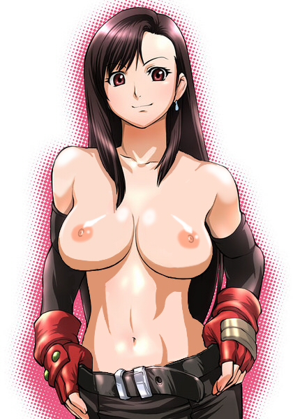 1girls anime_style belt big_breasts big_eyes black_hair breasts brown_eyes clothed clothing ear_piercing female female_only final_fantasy final_fantasy_vii fingerless_gloves front_view gloves human long_hair nipples pale_skin pink_nipples pointy_chin smile solo straight_hair tagme tifa_lockhart topless ueyama_michirou