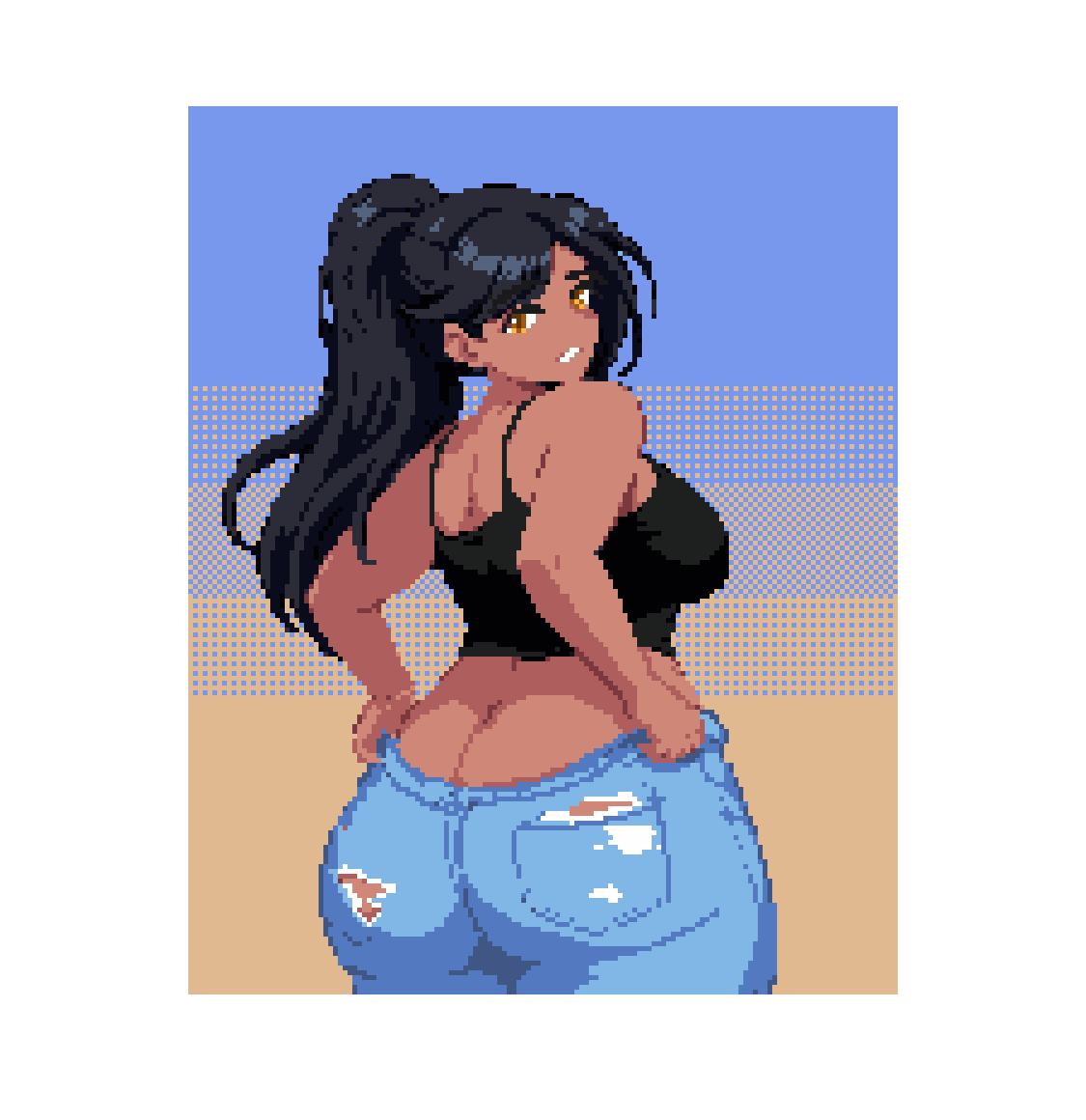 1girls, animated, ass crack, ass expansion, ass focus, bbw, belly, belly expansion, big ass, big belly, big breasts, black hair, breast expansion, breasts, bursting butt, chubby, clothes pull, dark skin, fat, fat ass, female, female only, gold eyes, huge ass, huge belly, indulgences, jeans, latina, looking back, mia (indulgences), no panties, pixel art, ponytail, ripped clothing, wardrobe malfunction, weight gain