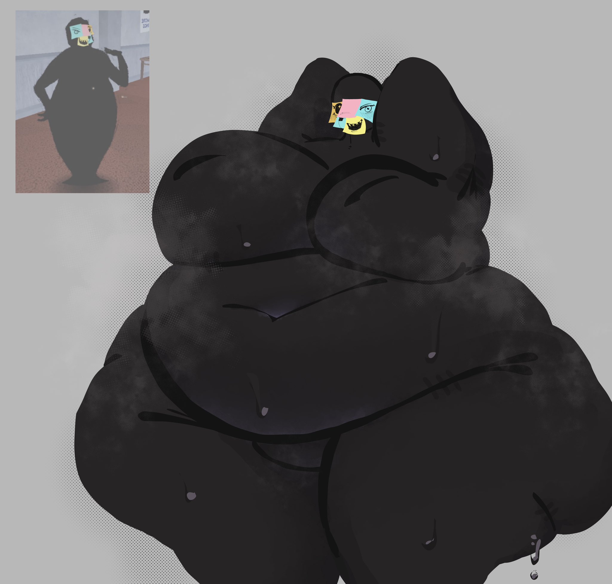 1girls, armpit, armpit crease, armpits, arms behind back, arms up, artist request, bbw, belly, belly button, big arms, big ass, big belly, big breasts, big thighs, breasts, doors (roblox), fat, fat arms, fupa, gigantic breasts, gigantic thighs, huge belly, huge breasts, huge thighs, hyper, massive breasts, massive thighs, no nipples, obese, roblox, roblox game, shadow, shadow creature, simple background, solid color background, sticky note, sweat, sweat clouds, sweatdrop, sweatdrops, sweating, sweaty, sweaty armpits, sweaty body, tagme, tagme (artist), the drones (doors), venus body
