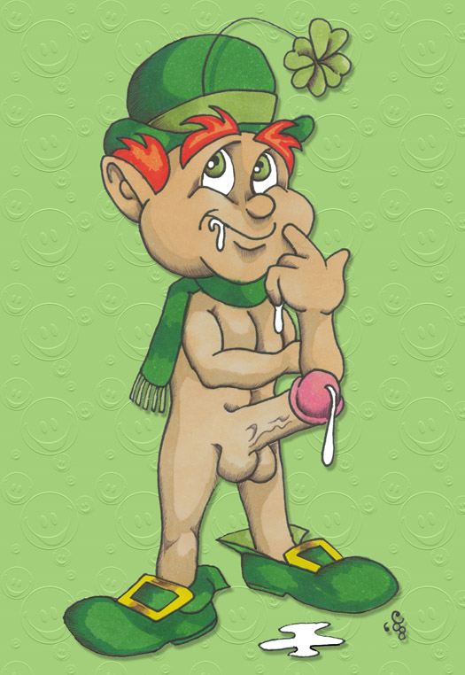 2008 balls beige_skin cereal christian_(artist) cum_drip cum_on_fingers cum_puddle cum_taste erection finger_to_mouth green_eyes green_hat green_muffler green_shoes large_penis leprechaun looking_up lucky_(lucky_charms) lucky_charms male_only mascot public_domain red_hair shamrock smile