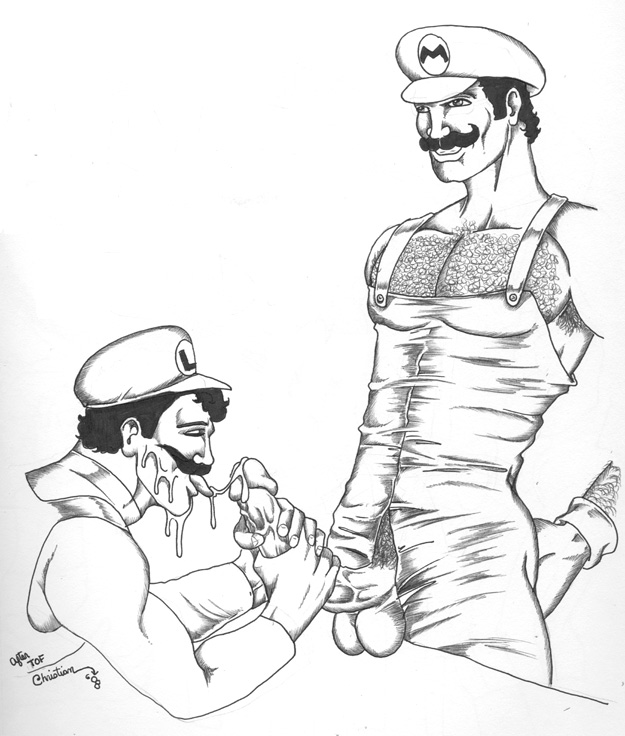 2boys artist_signature balls ballsack bent_penis body_hair brothers christian_(artist) cum cum_drip cum_dripping cum_in_mouth cum_on_face curved_cock erection facial_hair fellatio gay hairy_chest hairy_male hand_on_ass holding_penis human incest licking_cum long_penis luigi male male_only male_pubic_hair mario mario_(series) monochrome multiple_males mustache nintendo open_fly oral oral_sex overalls overalls_only penis penis_out scrotum straight_hair testicles tight_clothing tongue tongue_out veiny_penis yaoi