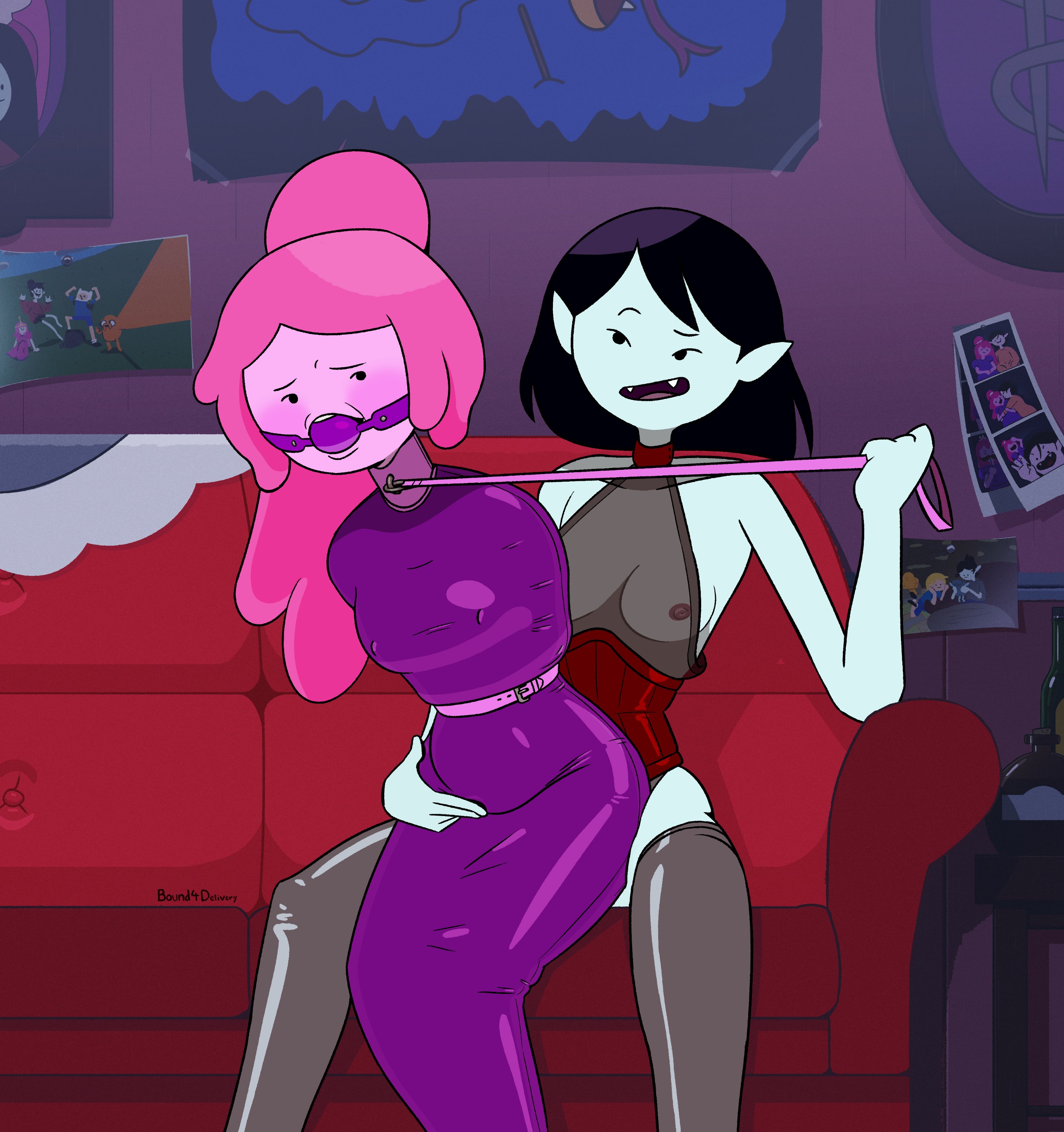 2girls, adventure time, ball gag, bdsm, big breasts, blush, bondage, bound, bound4delivery, collar, corset, dominatrix, exposed breasts, female, female only, femdom, femsub, gag, gagged, gimp suit, indoors, inside, latex, latex clothing, leash, leash and collar, leash pull, lesbian, looking at another, marceline, posture collar, princess bubblegum, restrained arms, yuri