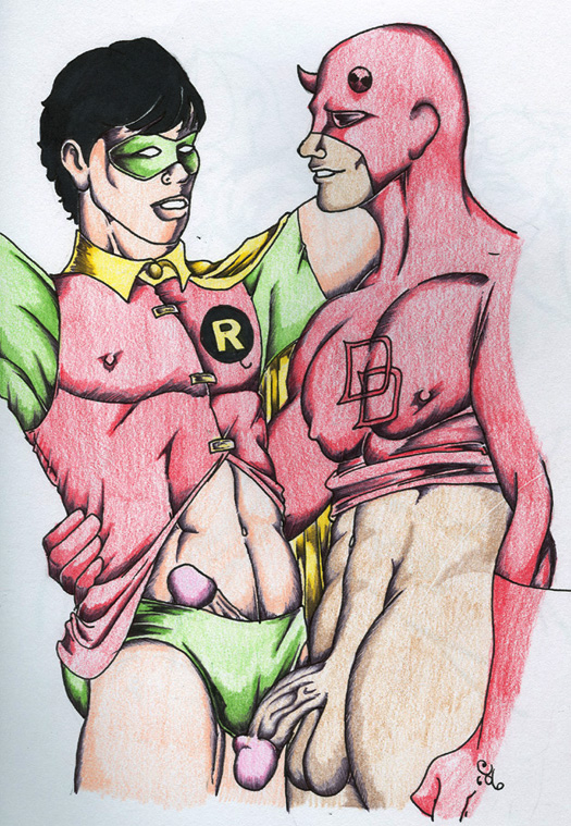 2boys age_difference arms_up artist_signature balls ballsack batman_(series) black_hair bottomless cape christian_(artist) crossover daredevil daredevil_(series) dc dc_comics erect_nipples_under_clothes erection erection_under_clothes flaccid_penis gay gloves horns human imminent_sex jason_todd male male/male male_only manly marvel marvel_comics mask matt_murdock mature_male older_man_and_younger_boy penis penis_out robin_(dc) robin_(jason_todd) scrotum shaved_crotch shirt_up straight_hair superhero testicles veiny_penis yaoi