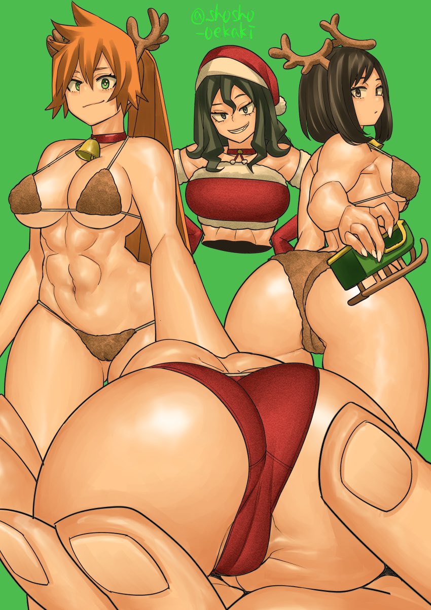 3girls, ass, big ass, big breasts, big butt, black hair, black-haired female, breasts, cameltoe, christmas, eye contact, female, female only, green hair, green-haired female, itsuka kendou, kendou itsuka, kodai yui, long hair, looking at viewer, multiple females, multiple girls, my hero academia, orange hair, orange-haired female, ponytail, pussy, santa hat, short hair, shosho oekaki, thick thighs, thighs, tokage setsuna, yui kodai