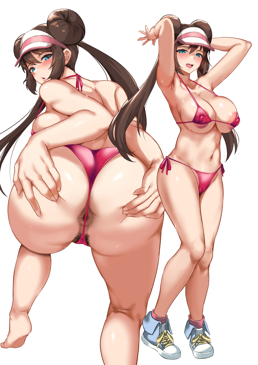 1girls, alternate breast size, anus peek, ass, big ass, big breasts, big butt, blue eyes, blush, breasts, brown hair, cameltoe, cap, double penetration, eye contact, female, jirusu, looking at viewer, looking back, micro bikini, nintendo, nipple bulge, pokemon, pokemon bw2, pubic hair, pussy, rosa (pokemon), shoes, sneakers, spread ass, standing, thick thighs, thighs, thong, twintails