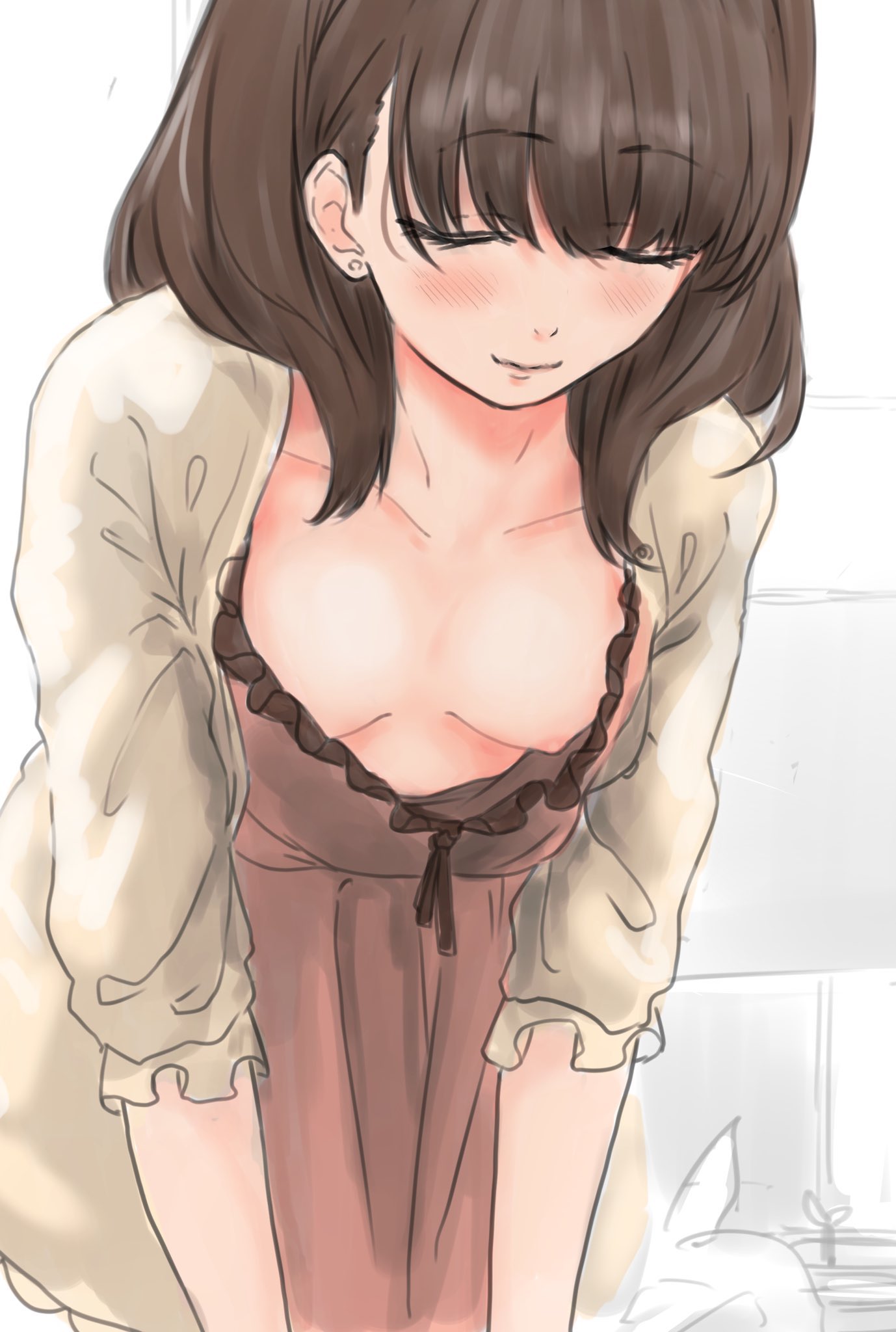 1girls 2d_(artwork) blush breasts closed_eyes down_blouse female female_only hanging_breasts idolmaster medium_breasts nipple_slip no_bra sakuma_mayu