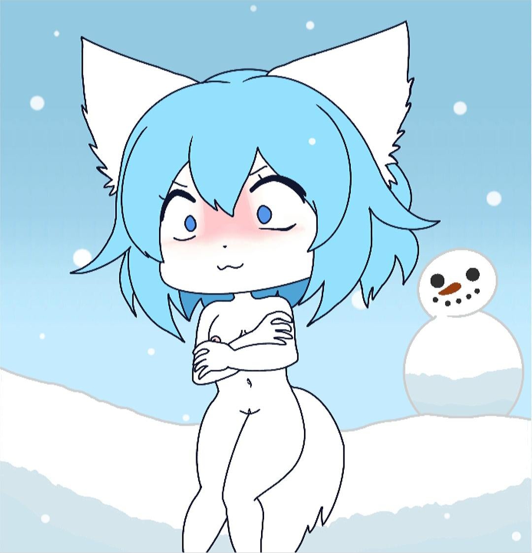 animal_ears blue_hair blushing cold covering_breasts freezing furrowed_eyebrows furry naked nose_blush nude small_breasts snow snowman sucking virtual_youtuber winter wolf_ears wolf_girl wolf_tail wolfychu youtube youtuber