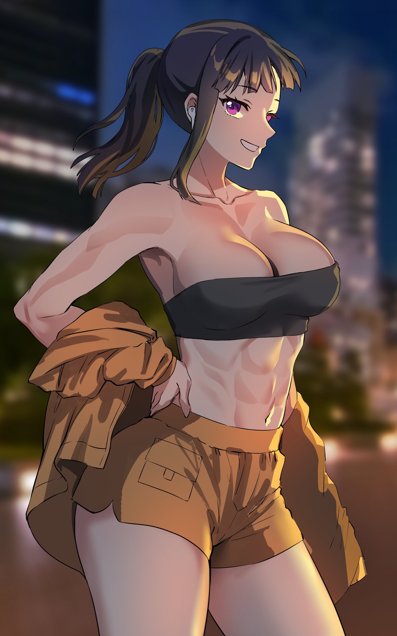 1girls 2020s 2021 2d_(artwork) abs airpods athletic athletic_female big_breasts black_hair breasts brown_bottomwear city crop_top enen_no_shouboutai eyebrows_visible_through_hair female fire_force foxy_rain_(foxyreine) foxyrain_(foxyreine) foxyreine hand_on_hip happy huge_breasts human long_hair looking_at_viewer manga muscular muscular_female outdoors oze_maki ponytail purple_eyes sassy shorts smile solo solo_female tagme tomboy