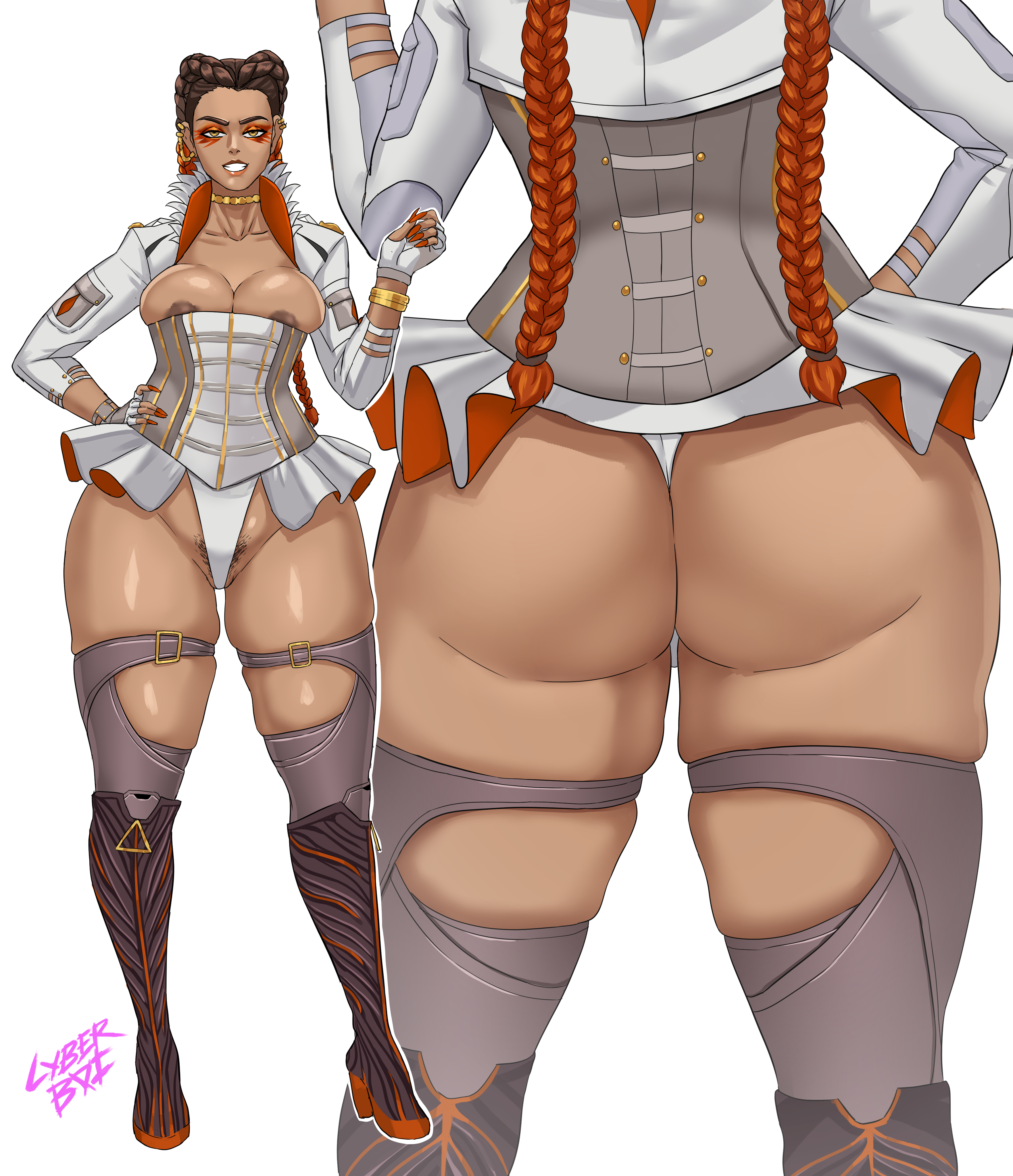 2d, 2d (artwork), apex legends, ass, belt, big ass, big breasts, big butt, breast hold, breast squeeze, breast squish, breasts, breasts out, bursting breasts, bursting butt, bursting clothes, cyberboi, female, hourglass figure, large breasts, loba (apex legends), looking at another, looking at partner, looking at viewer, lyberboy, no source, pubes, pubic hair, pubic hair peek, pussy, pussy hair, stretched clothing, thick, thick ass, thick hips, thick legs, thick thighs, tight clothes, tight clothing, tight pants, tights