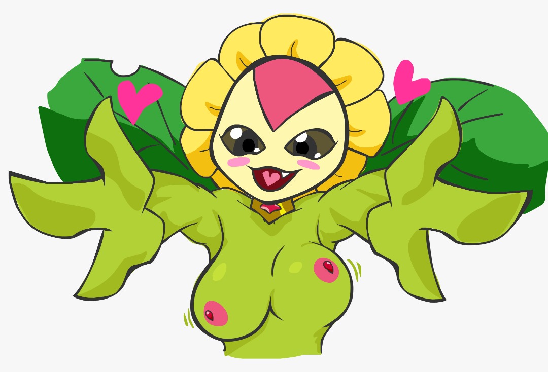 anonymous_artist anthro bandai_namco big_breasts blush bouncing_breasts breasts curvy_figure cute_fangs digimon digimon_(species) digital_drawing_(artwork) digital_media_(artwork) elemental_creature elemental_humanoid female flora_fauna flower humanoid jewelry looking_at_viewer meme nipples nude plant plant_humanoid pogchamp simple_background solo sunflower sunflowmon tagme