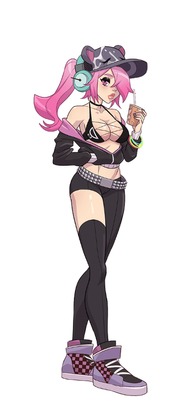 1girls belt black_pants black_stockings cap character_sheet clothed_female dj dj_sinnesta_(kink_inc.) emo female_focus hair_covering_eye hat hat_with_ears headphones high_tops jacket kink_inc. looking_at_viewer model_sheet nutaku pale-skinned_female pink_eyes pink_hair ponytail revealing_breasts soda soda_cup solo_female solo_focus tender_troupe transparent_background