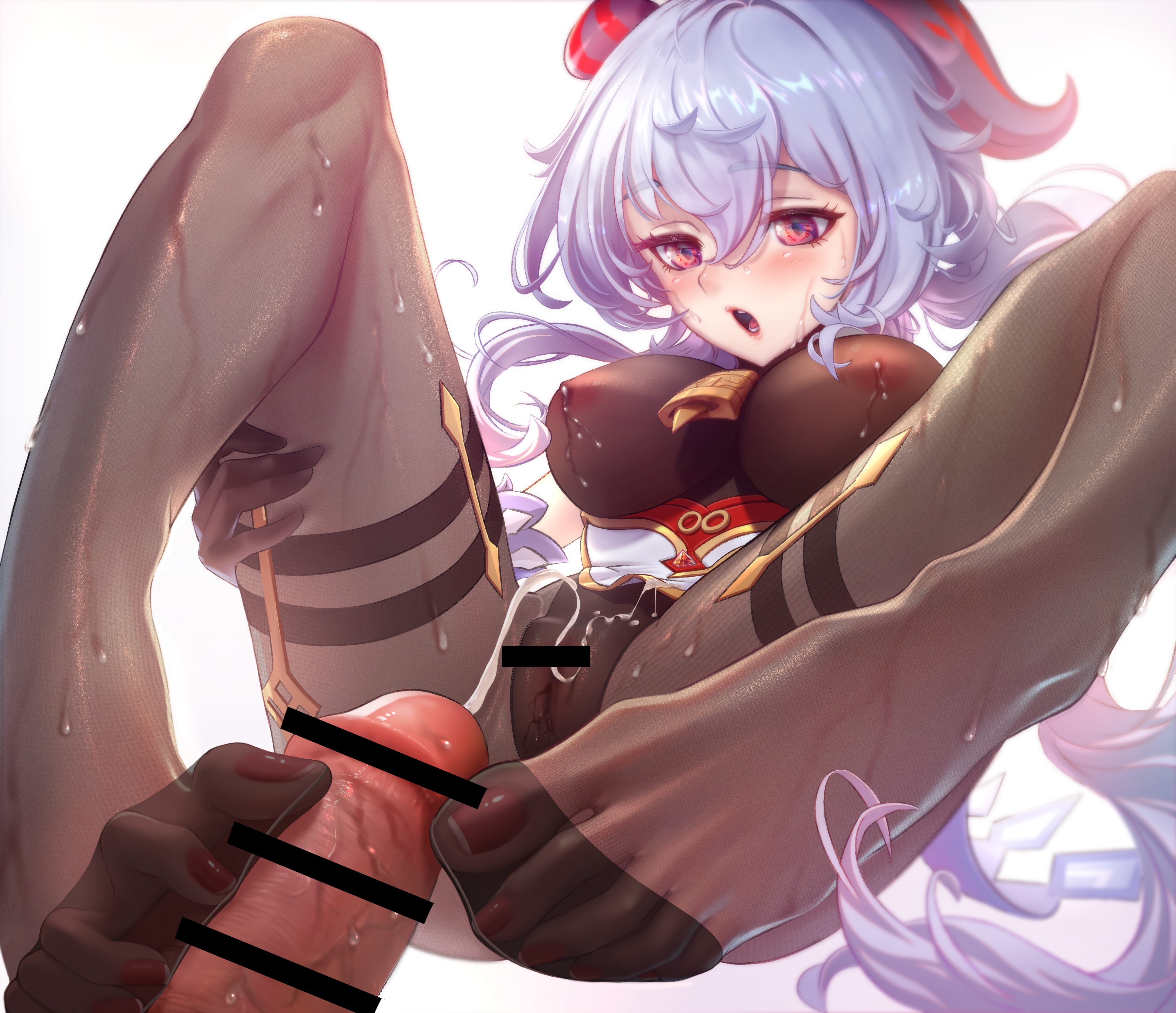 1boy, 1girls, 2d (artwork), artist request, breasts, censored, cum, cum on body, cum on clothes, cum on lower body, cum on pussy, cum on thighs, feet, female, footjob, fully clothed, ganyu (genshin impact), genshin impact, lactation, large breasts, legs apart, male, nipples, nipples visible through clothing, open mouth, pussy, see-through, see-through clothing