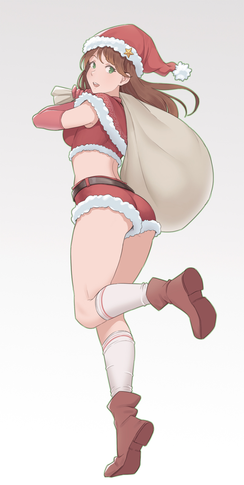 2d (artwork), bangs, belt, blush, blushing at viewer, boots, booty shorts, brown hair, cheshirrr, christmas, christmas clothing, christmas hat, christmas headwear, christmas outfit, fair skin, female, female only, green eyes, light skin, light-skinned female, looking at viewer, open mouth, original, original character, short shorts, shorts, simple background, socks, solo, solo female, teeth, teeth showing, teeth visible