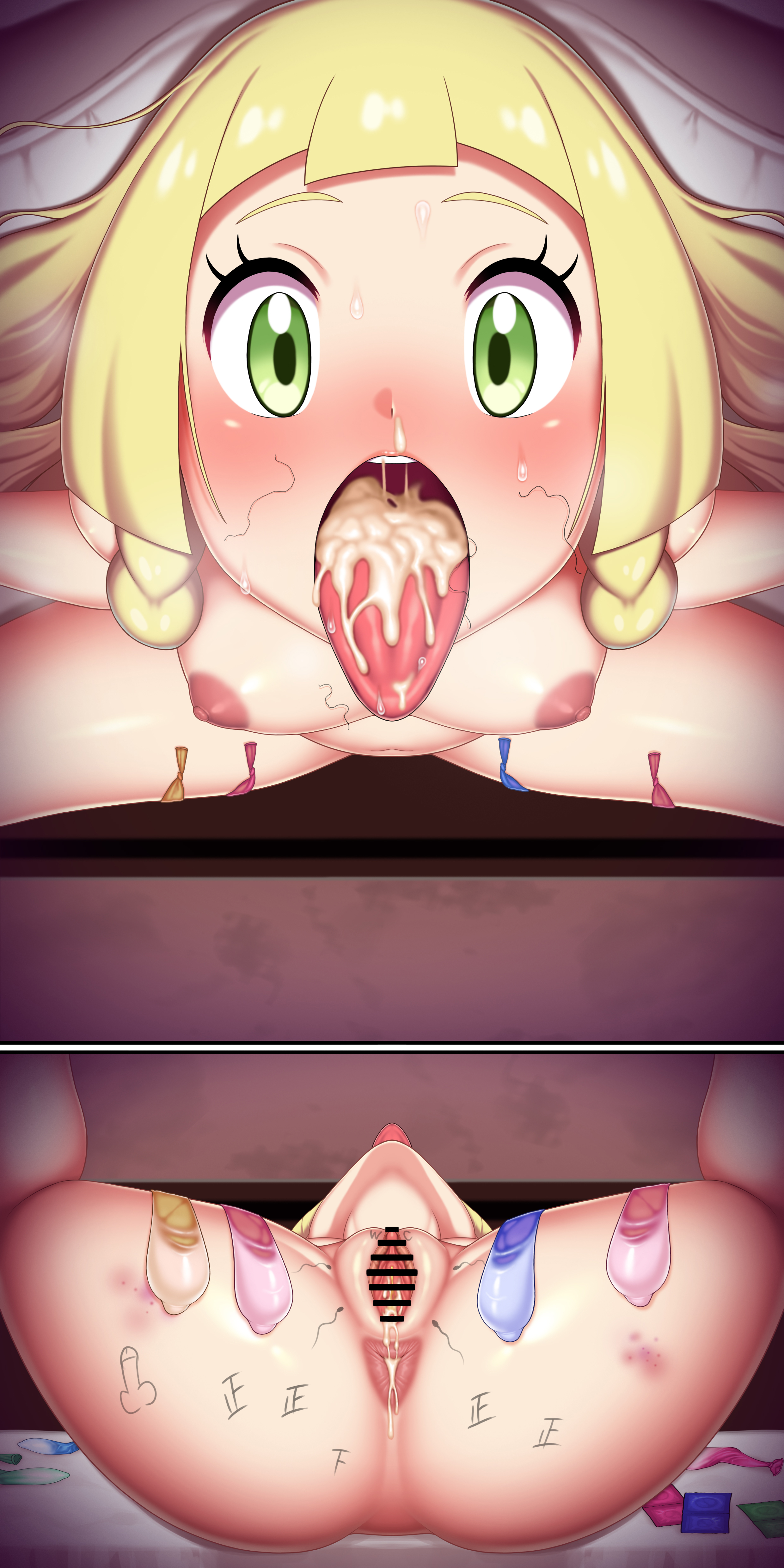 1girls, after fellatio, after oral, anus, areolae, blonde hair, blush, body writing, breasts, censor bar, censored, condom, cum, cum in condom, cum in mouth, ebifurai, eye contact, female, filled condom, genital fluids, green eyes, lillie (pokemon), looking at viewer, nintendo, nipples, open mouth, pokemon, pokemon sm, pussy, stray pubic hair, swallowing cum, thighs, used condom