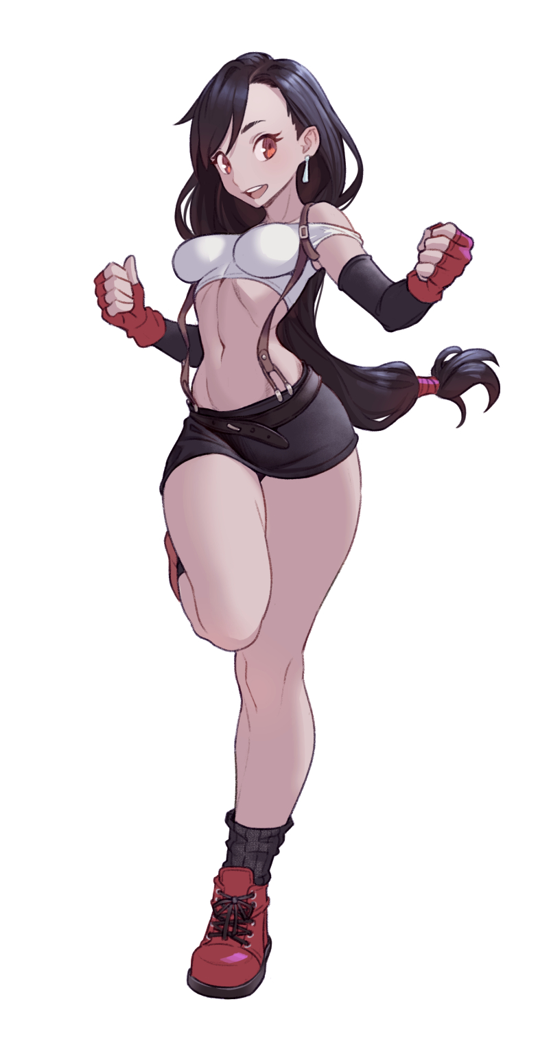 2d (artwork), boots, cheshirrr, clothed, clothed female, dark hair, earring, fair skin, female, female only, final fantasy, final fantasy vii, fingerless gloves, gloves, jewelry, light skin, light-skinned female, long hair, looking at viewer, miniskirt, open mouth, ponytail, red eyes, red headband, simple background, sleeves, smiling, smiling at viewer, socks, solo, solo female, square enix, suspenders, tank top, tanktop, teeth, teeth showing, teeth visible, tifa lockhart