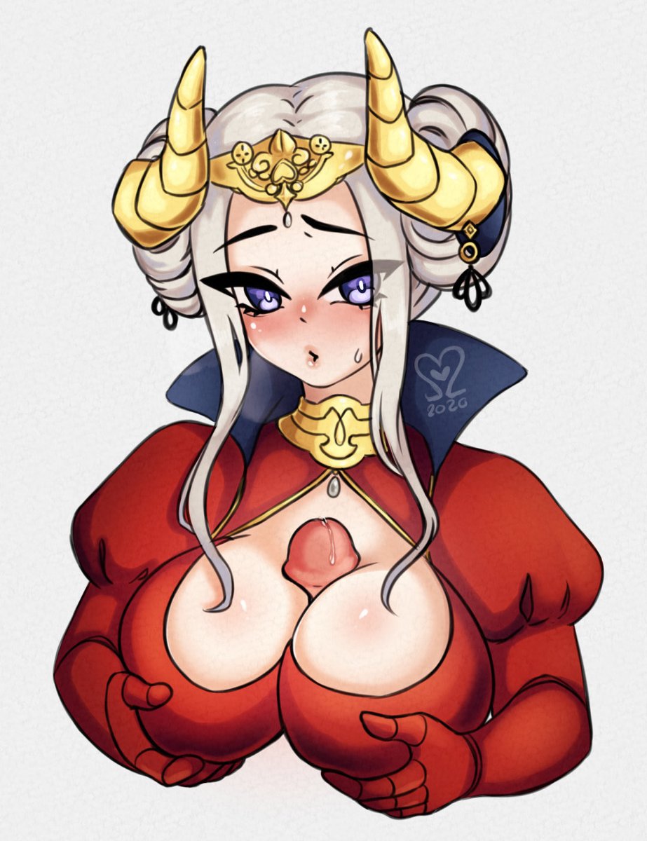 1girls breasts cleavage cleavage_cutout cnunesart edelgard_von_hresvelg female_focus fire_emblem fire_emblem:_three_houses heavy_breathing horns large_breasts nintendo paizuri post-timeskip purple_eyes short_hair sinnamomspiced solo_focus straight white_background white_hair