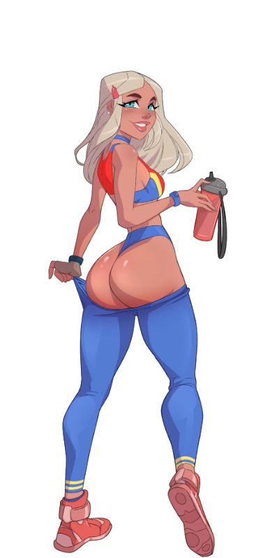 1girls 2d_(artwork) blonde_hair blue_eyes blue_pants bubble_ass bubble_butt canteen character_sheet embarrassed exposed_ass female_focus female_only fingerless_gloves hairclip kink_inc. light_brown_hair looking_back_at_viewer model_sheet nutaku olive_(kink_inc.) slim_waist solo_female solo_focus sports_bra sports_shoes tan-skinned_female tender_troupe transparent_background