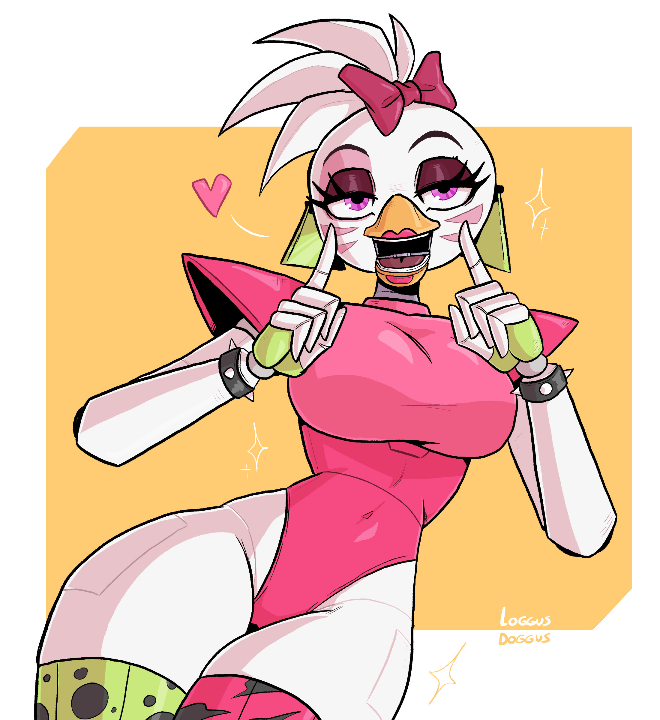 animatronic, beak, bird, bow, earrings, facepaint, female, five nights at freddy's, five nights at freddy's: security breach, furry, glamrock chica (fnaf), glowing eyes, leotard, loggus doggus, makeup, robot, robot girl, shoulder pads, solo, thighhighs