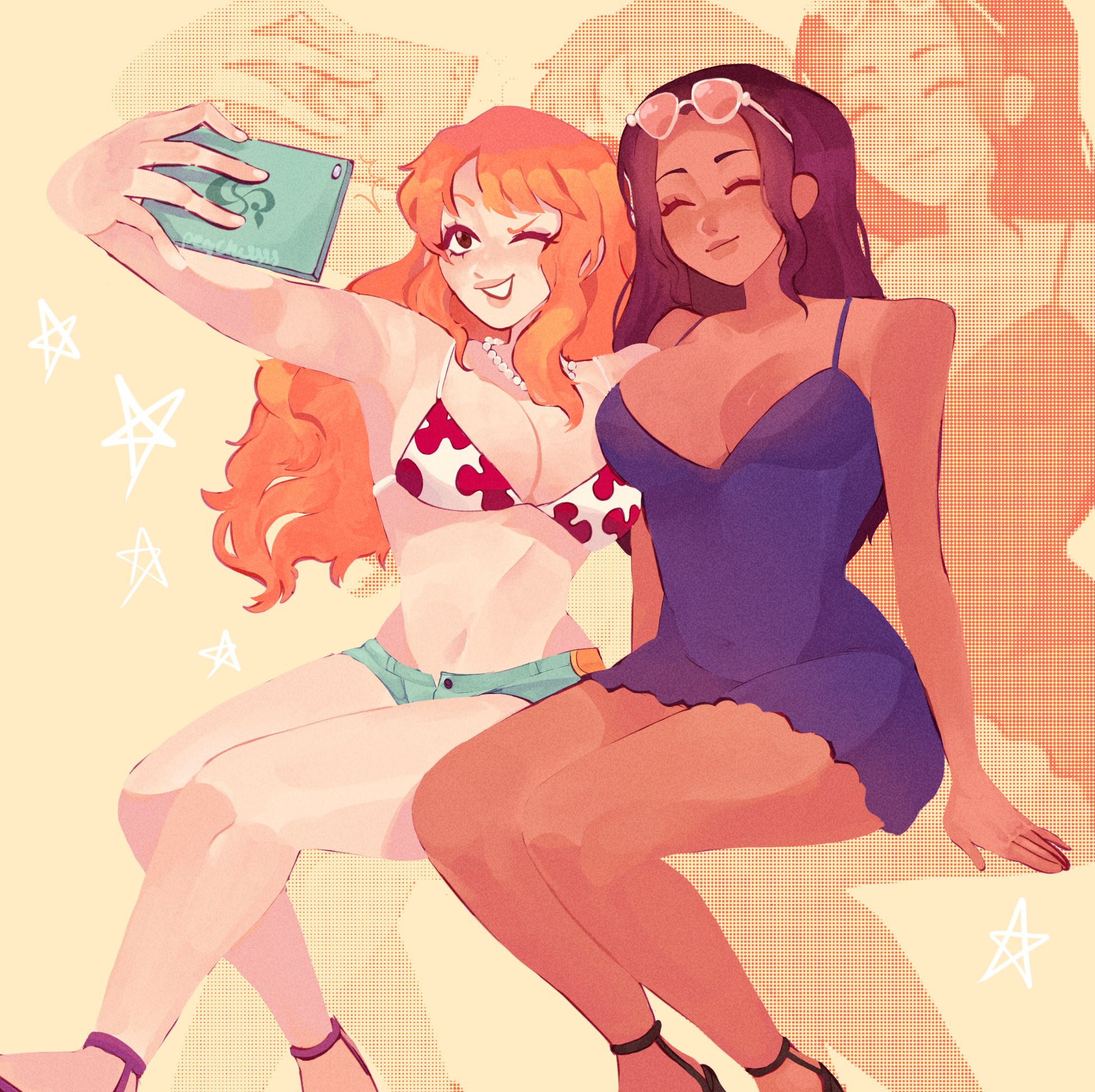 2girls, artist request, bead necklace, black hair, black-haired female, bra, dress, dressrosa, female, female only, fully clothed, glasses, glasses on head, nami (one piece), necklace, nico robin, one piece, orange hair, orange-haired female, pearl necklace, phone, post-timeskip, safe, selfie, shoes, taking picture, wholesome