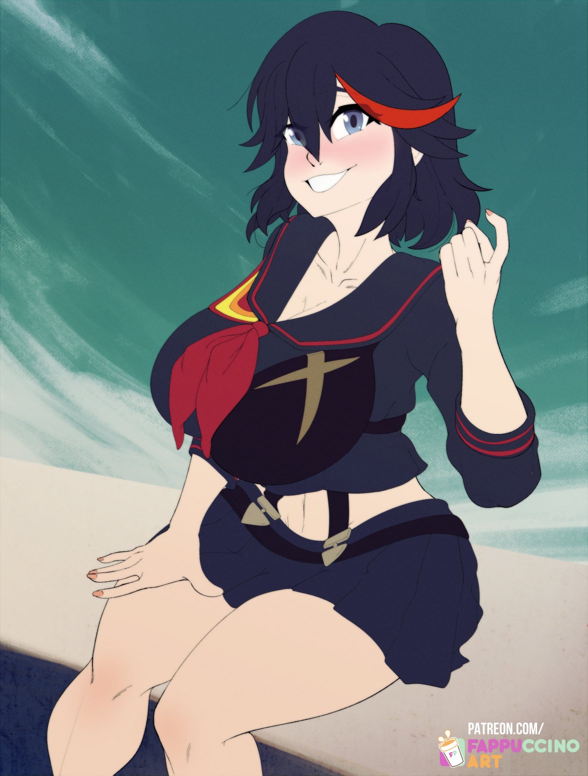 1girls, alternate version at source, beckoning, big breasts, black hair, blue eyes, breasts, clothed, clothing, fappuccino, female, female only, fully clothed, huge breasts, human, inviting, kill la kill, light skin, light-skinned female, long hair, looking at viewer, matoi ryuuko, pale skin, sitting, skirt, smile, solo, thick thighs, wide hips