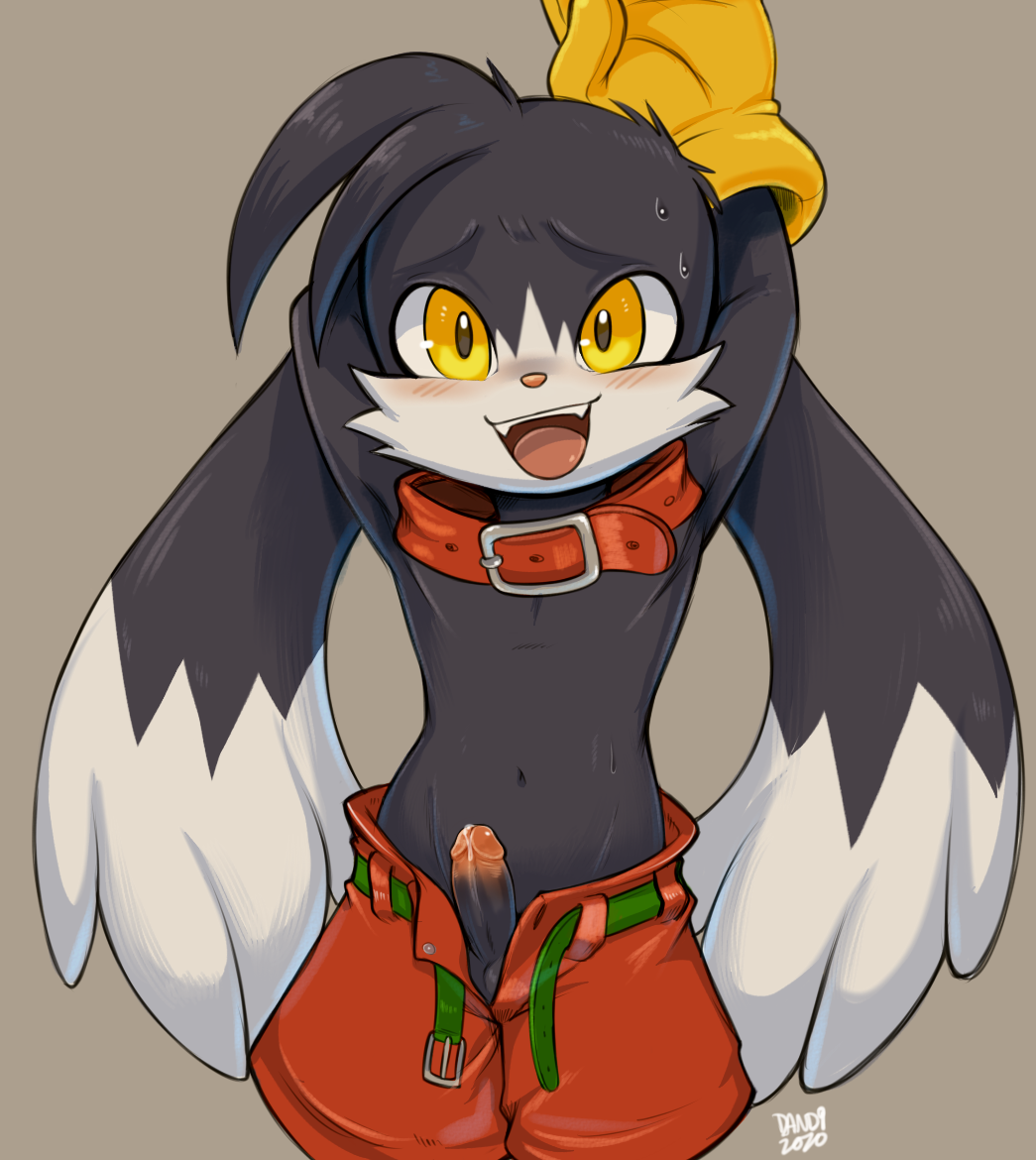 anthro armpits belly_button black_fur blush cabbit collar dandi furry gloves klonoa klonoa_(series) large_ears male penis precum precum_drip shorts smile sweatdrop tongue unbuckled_belt video_games yellow_eyes