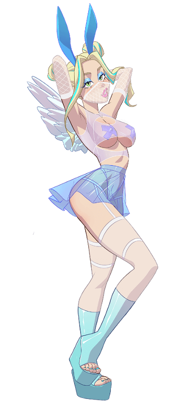 blonde_hair blue_ears blue_highlights bunny_ears character_sheet crystal_(kink_inc.) fishnet_headwear fishnets hairbuns high_heels kink_inc. light_green_eyes long_bangs looking_at_viewer model_sheet nutaku pale-skinned_female pasties see-through_skirt slim_waist solo_female solo_focus tender_troupe transparent_background white_stockings white_wings wings