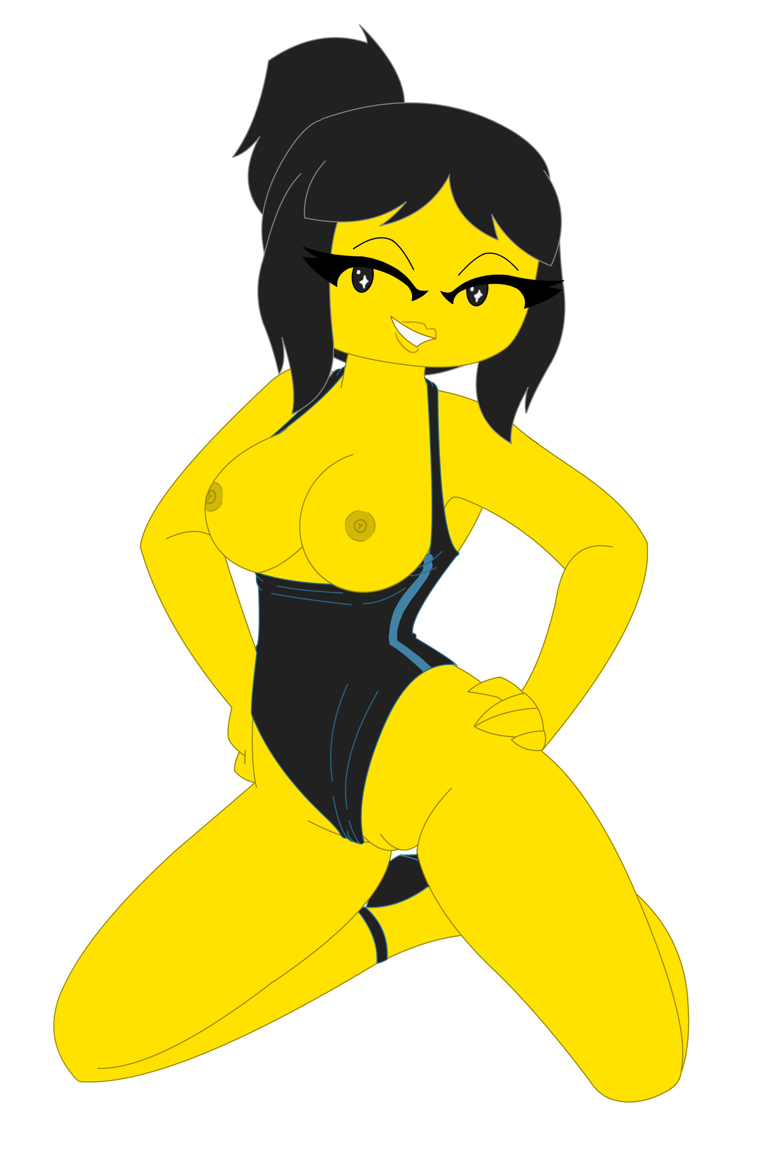 1girls, areolae, bangs, bathing suit, black eyes, black hair, black one-piece swimsuit, black swimsuit, breasts, duchess pixal, exposed breasts, exposed pussy, female, female only, functionally nude, hands on hips, heels, high heels, kneeling, lego, looking away, medium breasts, ninjago, nipples, nya (ninjago), one-piece swimsuit, pinup, ponytail, pose, pussy, solo, starry eyes, swimsuit, swimsuit aside, yellow body, yellow skin