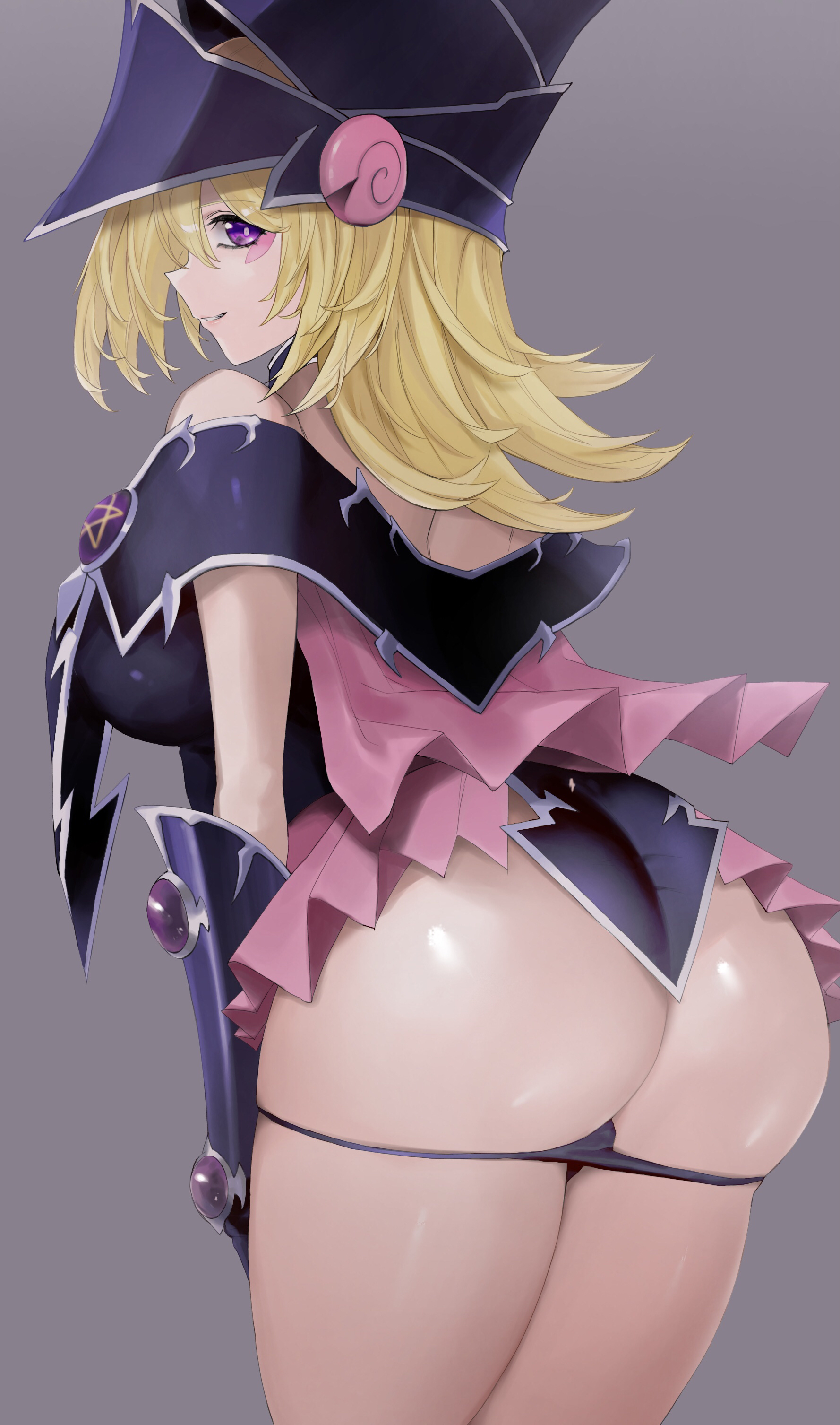 1girls, 2021, ass, ass focus, ass shot, big ass, black clothing, black panties, blonde hair, blush, breasts, dark magician girl, female, female only, hat, hi res, huge breasts, kataku musou, large ass, large hat, long hair, looking at viewer, looking back, looking over shoulder, panties, panties down, purple eyes, simple background, smile, thick thighs, thighs, witch hat, yu-gi-oh!