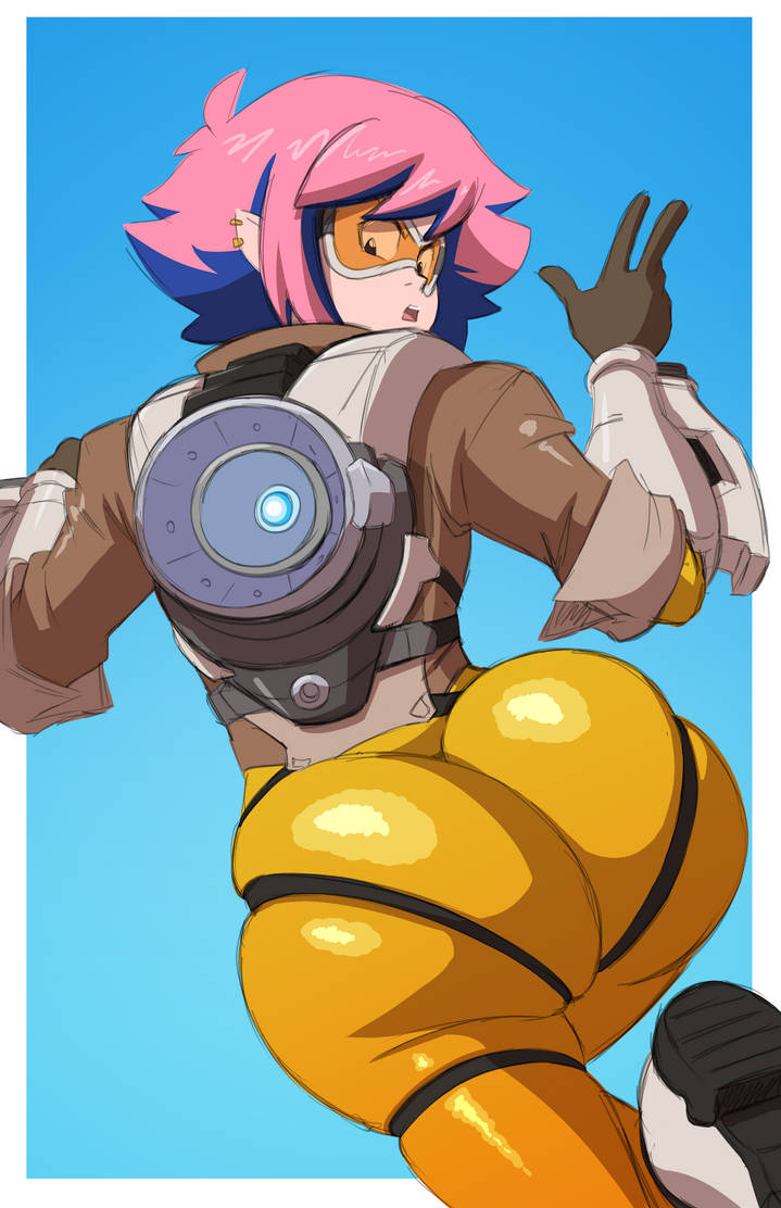 1boy axel-rosered big_butt brown_jacket butt crossdressing femboy glasses hand_up huge_butt jake_(axel-rosered) large_butt leg_up looking_back open_mouth overwatch overwatch_2 pink_hair pointy_ears robot_suit tracer_(cosplay) yellow_suit