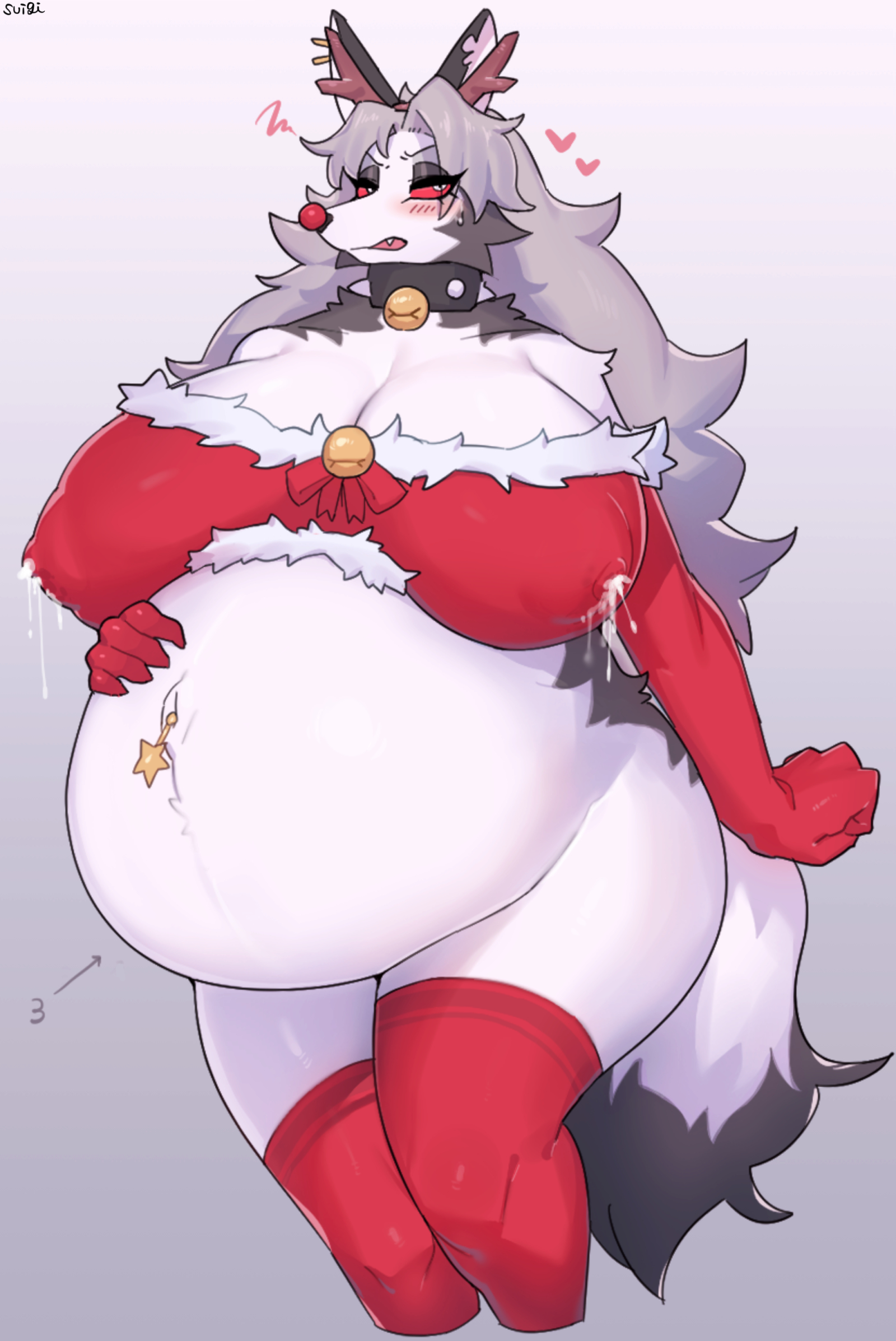 alternate version available, anthro, armwear, bell, bell collar, belly, big belly, big breasts, black body, black fur, blush, bodily fluids, bottomless, breasts, canid, canid demon, canine, canis, christmas, christmas clothing, cleavage, clothed, clothing, collar, costume, curvy figure, demon, ear piercing, elbow gloves, female, fingers, fur, gloves, grey hair, hair, half-closed eyes, hand on stomach, handwear, heart, hellhound, helluva boss, hi res, holidays, huge breasts, lactating, lactating through clothing, legwear, long hair, loona (helluva boss), mammal, multicolored body, multicolored fur, mythological canine, mythological creature, mythology, narrowed eyes, navel, navel piercing, nipple outline, open mouth, piercing, portrait, pregnant, red sclera, signature, solo, spiked collar, spikes, stockings, sususuigi, tail, thick thighs, thigh highs, three-quarter portrait, two-tone body, two-tone fur, vivienne medrano, voluptuous, wet, wet clothing, white body, white eyes, white fur, wide hips, wolf