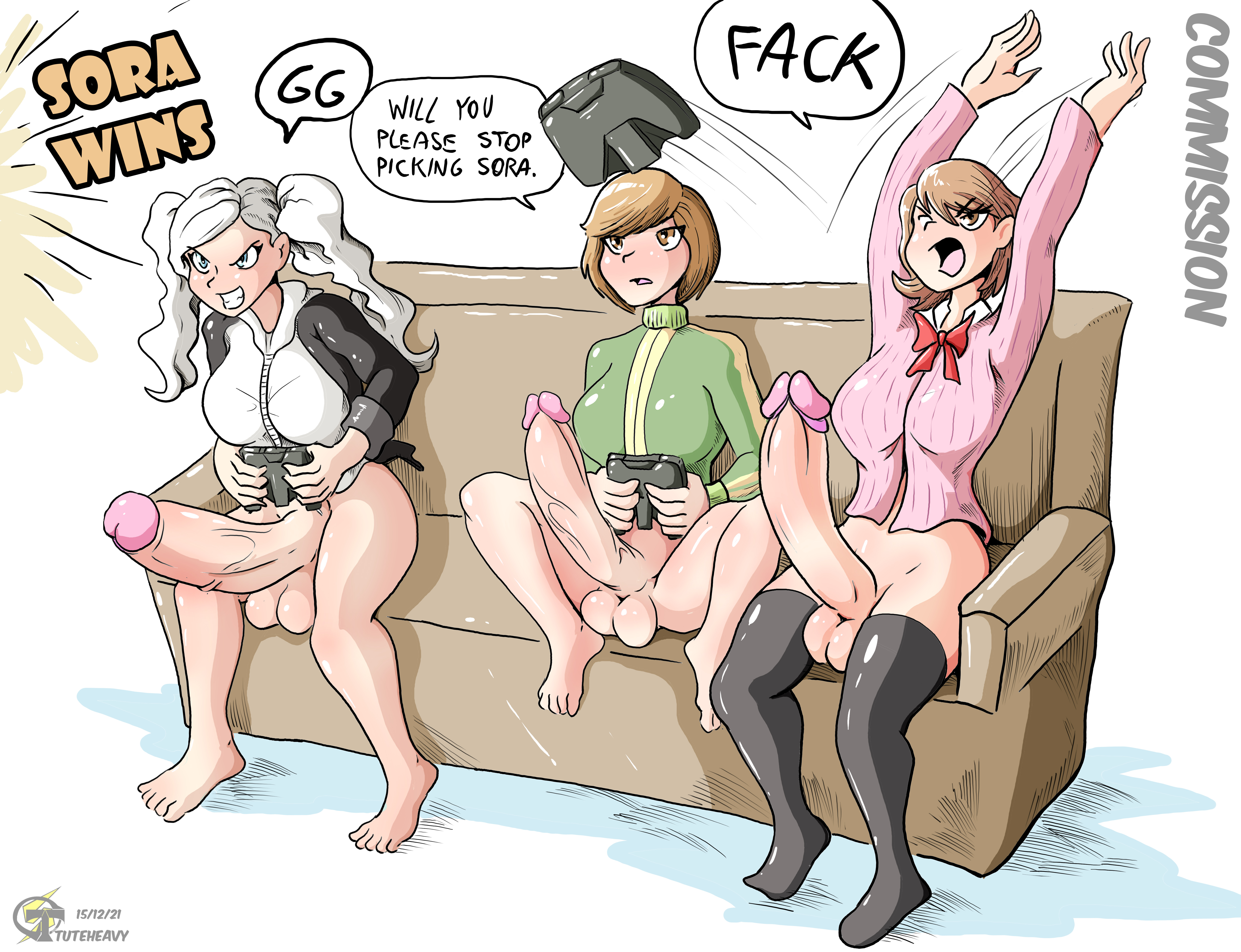 3futas, angry, ann takamaki, balls, barefoot, big balls, big breasts, bottomless, breasts, brown hair, casual, casual erection, casual exposure, casual nudity, clothed, clothing, commission, dick, dickgirl, electronics, erection, female, futa only, futa with futa, futanari, game controller, gamer rage, gaming, group, huge balls, huge breasts, huge cock, huge testicles, human, hyper, hyper balls, hyper penis, intersex, joystick, legwear, light skin, light-skinned futa, long hair, outerwear, pale skin, pale-skinned futa, partially clothed, penis, persona, persona 3, persona 4, persona 5, satonaka chie, short hair, sofa, speech bubble, television, testicles, thighhighs, tomboy, topwear, tuteheavy, uncensored, yukari takeba