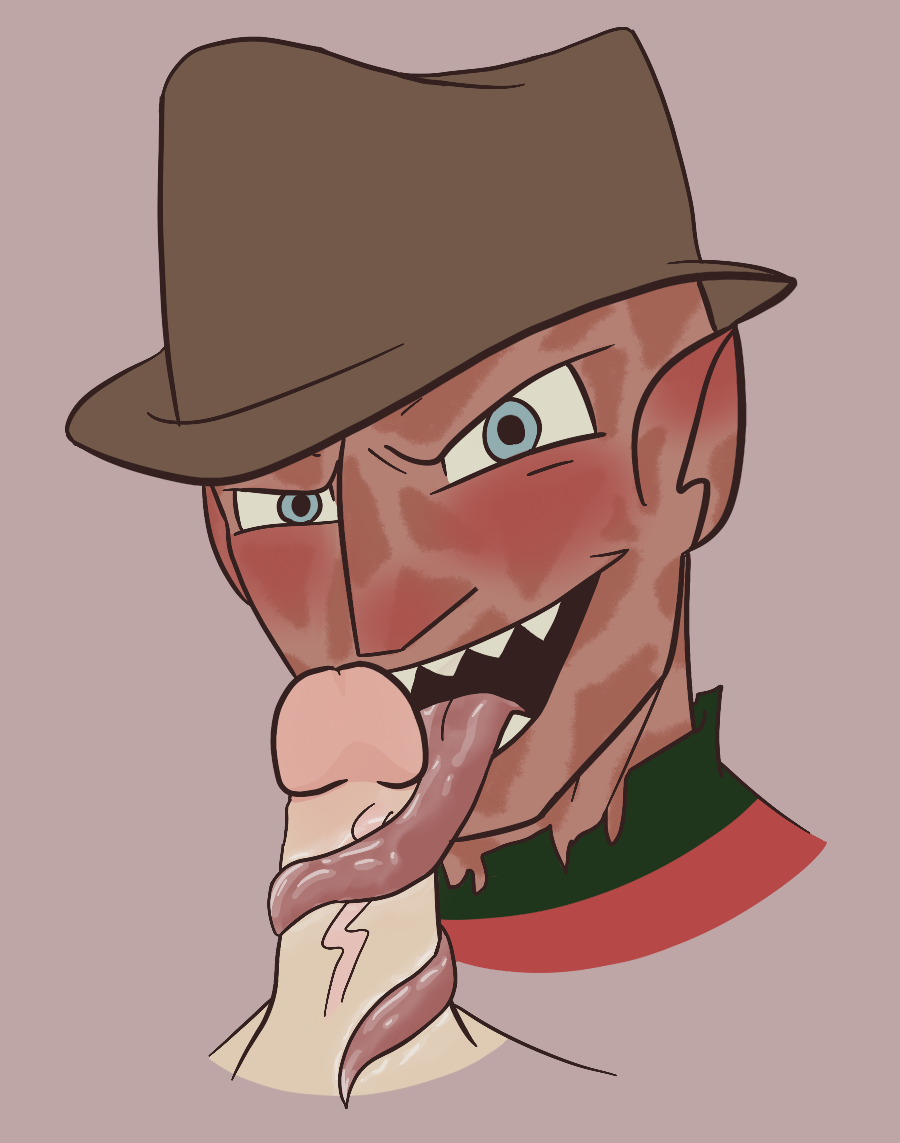 a_nightmare_on_elm_street blowjob clipclipclop clothed freddy_krueger long_tongue looking_at_viewer penis saliva_on_penis saliva_on_tongue