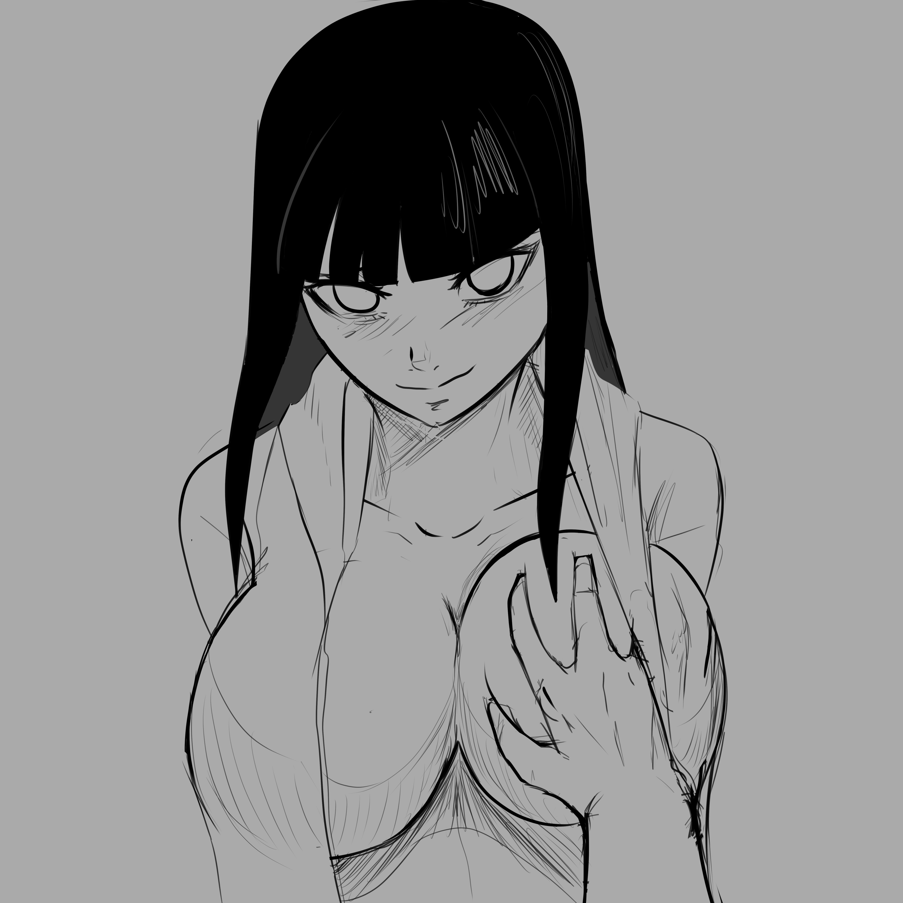 big breasts, black hair, blush, breast grab, breasts, doktor malefic, female, grabbing breasts, hyuuga hinata, naruto, naruto (series), naruto shippuden, pov, pov eye contact, sketch