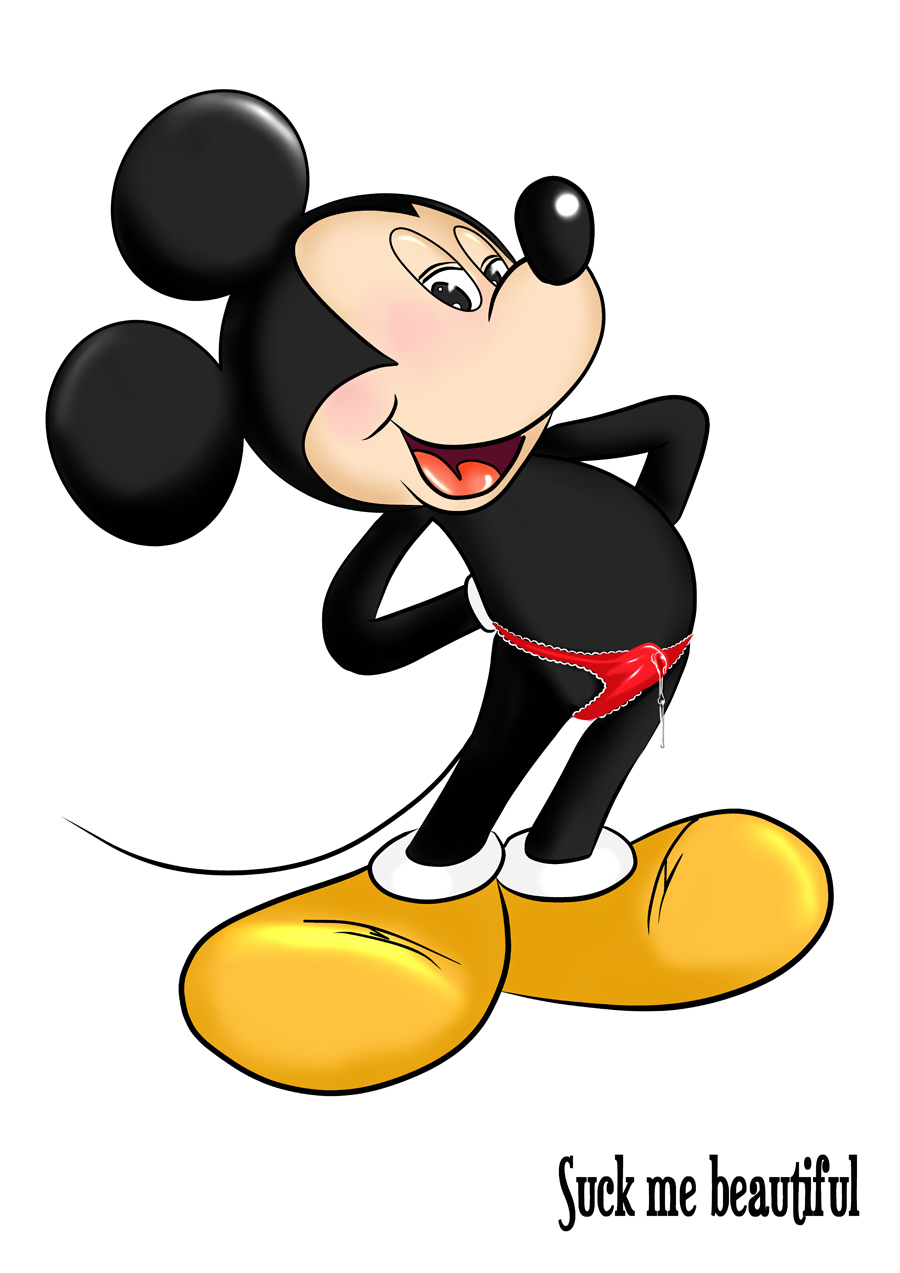 anthro cum cum_drip cum_under_clothes disney english_text erection_under_clothes furry male male_only mickey_mouse mouse open_mouth panties_only red_panties shoes solo tail takahiro_(artist) topless white_background