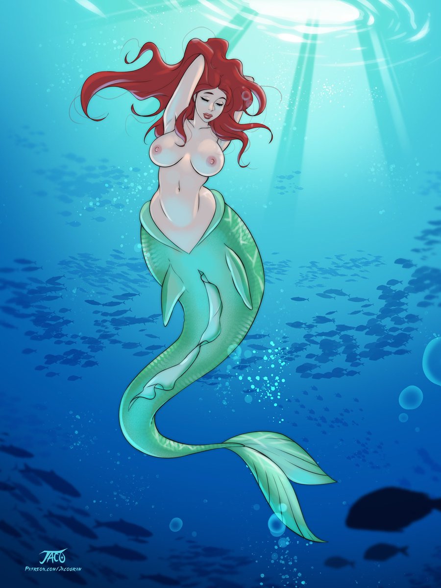 1girls, areola, areolae, blue eyes, breasts, female, female only, iacolare, jacogram, large breasts, lipstick, long hair, merfolk, mermaid, necklace, nipples, original, original character, red hair, solo, voluptuous