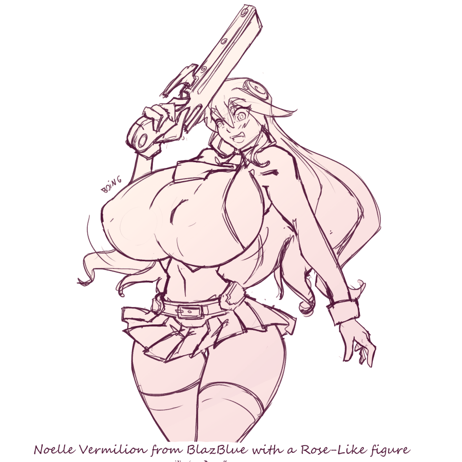 1girls 2021 blazblue breasts female female_only gun huge_breasts long_hair monochrome n647 nipple_bulge noel_vermillion request rose-ified sketch skirt solo surprised text thick_thighs thin_waist voluptuous wide_hips