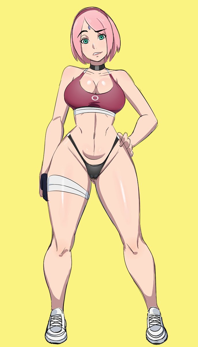 1girls aqua_eyes big_breasts breasts choker donchibi eye_contact female female_only hand_on_hip large_breasts looking_at_viewer naruto naruto:_the_last naruto_(series) pink_hair sakura_haruno short_hair single_girl standing thick_thighs thong