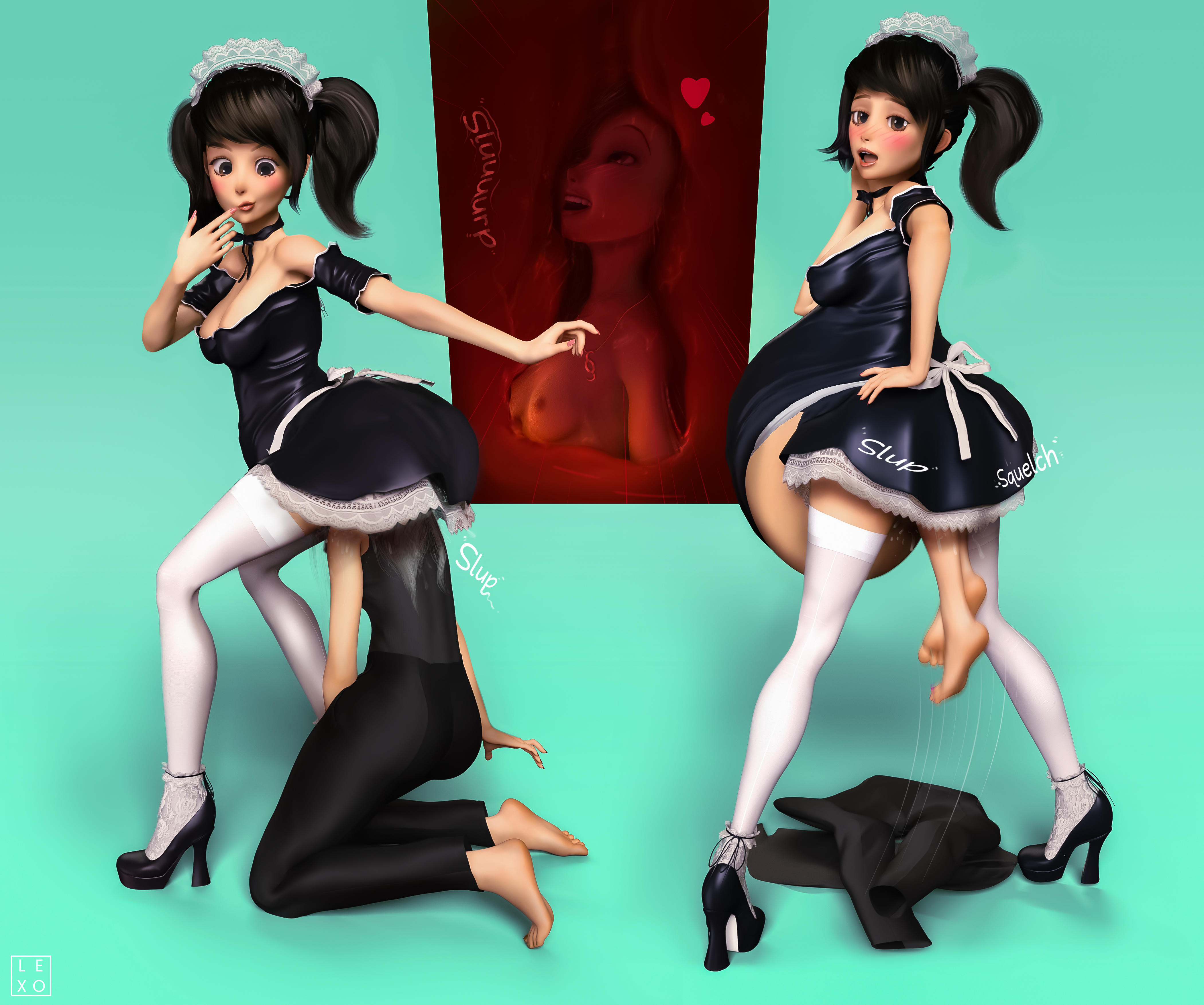 2girls, anal vore, becky (persona), belly, big belly, blush, breasts, clothing, female, internal view, lexogenki, maid, multiple females, multiple girls, nipples, persona, persona 5, sadayo kawakami, sae niijima, same size vore, skirt, stockings, unbirthing, vore