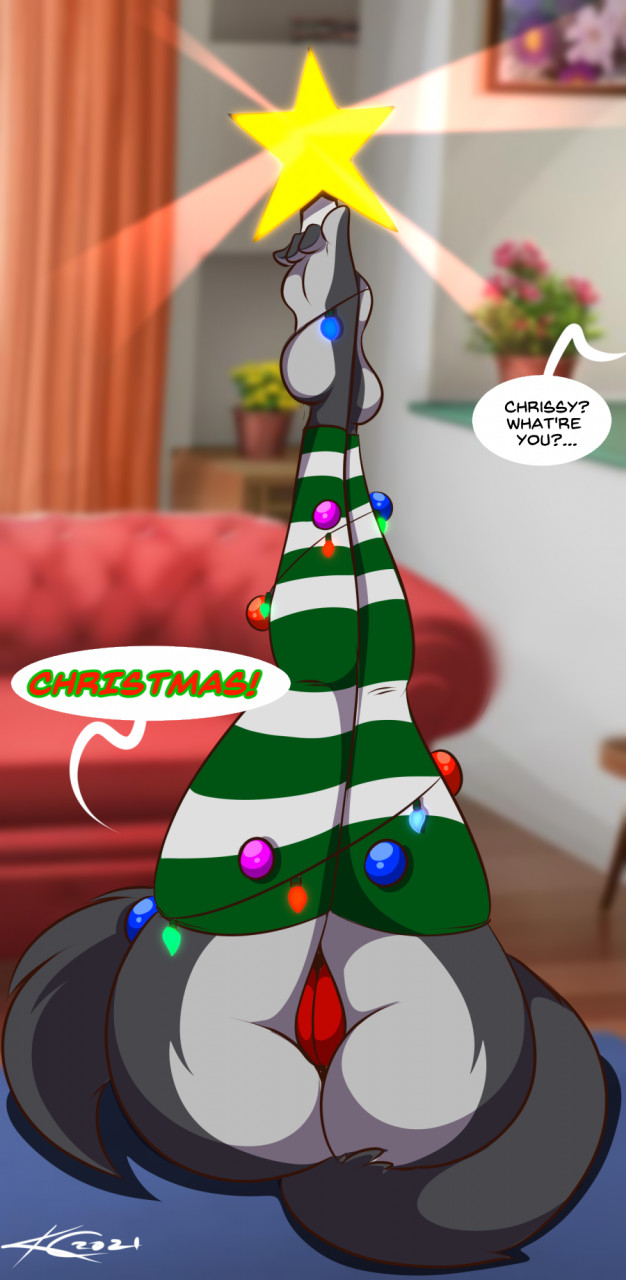 1girls 2021 anthro ass big_ass cameltoe chrissy_mccloud christmas christmas_decorations christmas_lights christmas_tree feet feline female female_only furry legs_up mastergodai presenting rascals solo speech_bubble star striped striped_legwear text thick_thighs thighhighs voluptuous