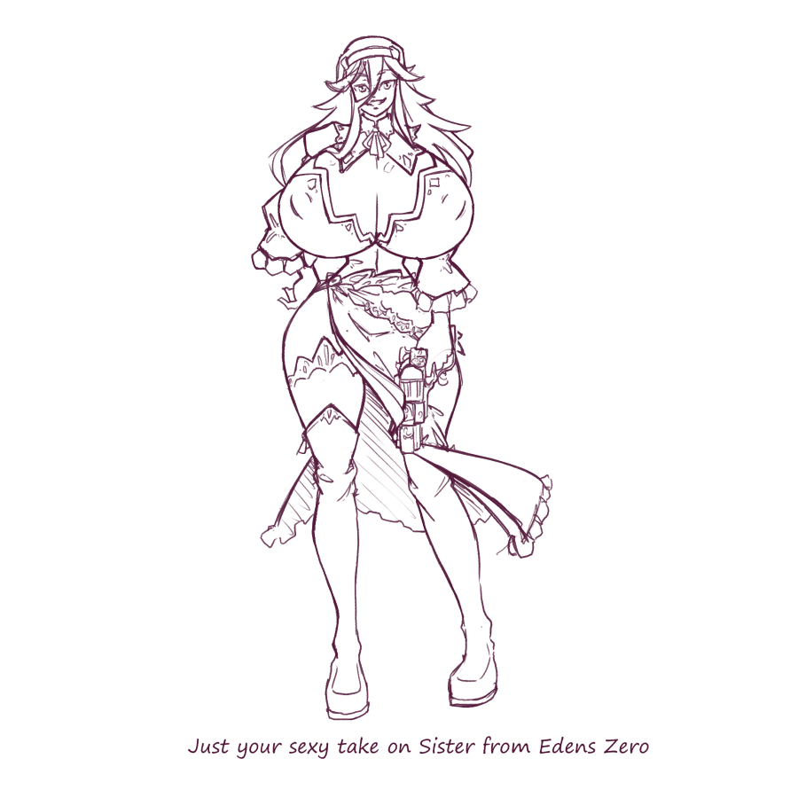 1girls breasts breasts_bigger_than_head cleavage dress edens_zero english_text female female_only full_body gun huge_breasts looking_at_viewer monochrome n647 nipple_bulge request sister_ivry sketch solo standing text thick_thighs thin_waist voluptuous wide_hips