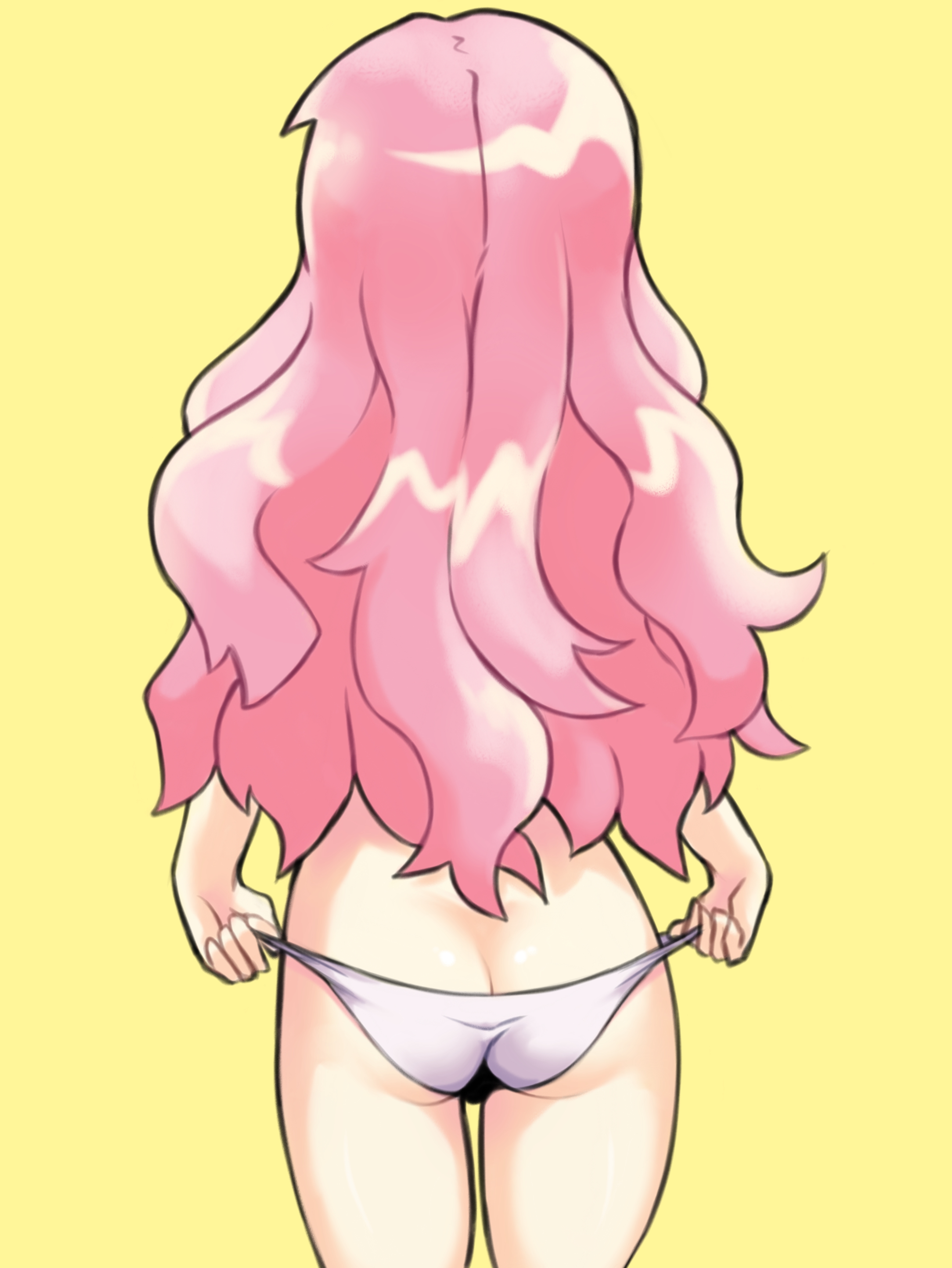 1girls, ass, backside, female, hands, highres, kalia3see, legs, light skin, light-skinned female, lingerie, long hair, louise francoise le blanc de la valliere, panties, petite, petite body, pink hair, pulling panties, simple shading, solo, teenage female, teenager, white lingerie, yellow background, zero no tsukaima