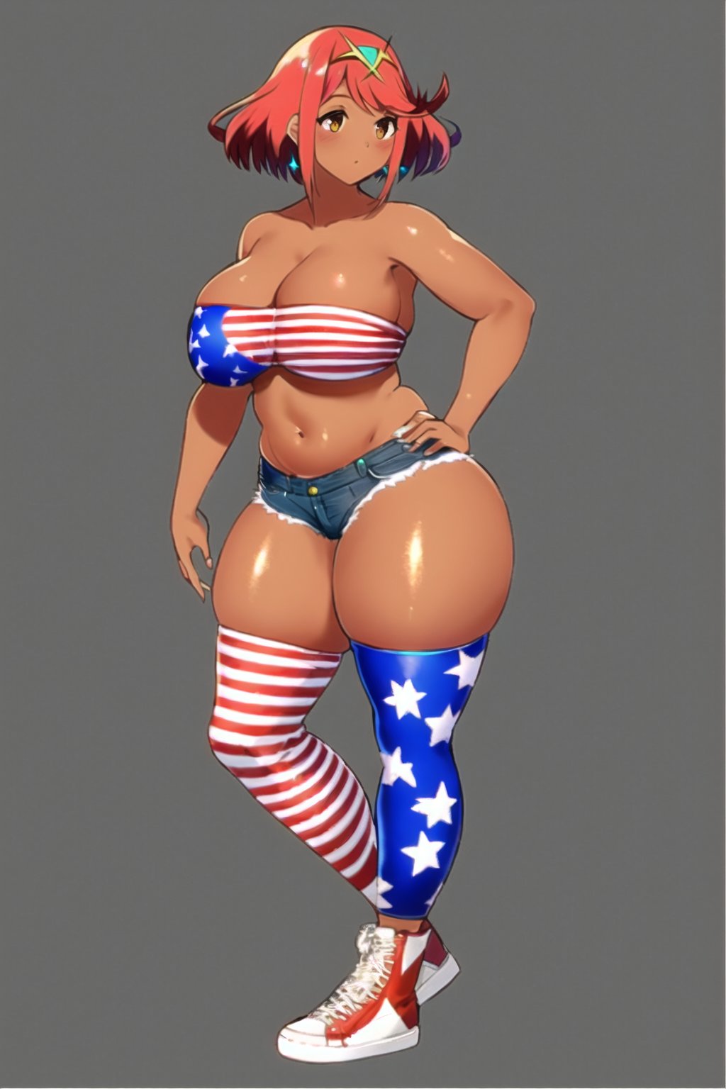 ai_generated american_flag american_flag_legwear bimbo bimbo_body bimbofication bimbofied chubby cleavage day denim_shorts from_side ganguro hair_ornament hand_on_hip nai_diffusion plump pyra red_hair robofun short_shorts shorts sneakers stable_diffusion strapless striped_legwear tan_body tan_skin thighhighs thighs tiara tubetop xenoblade_(series) xenoblade_chronicles_2