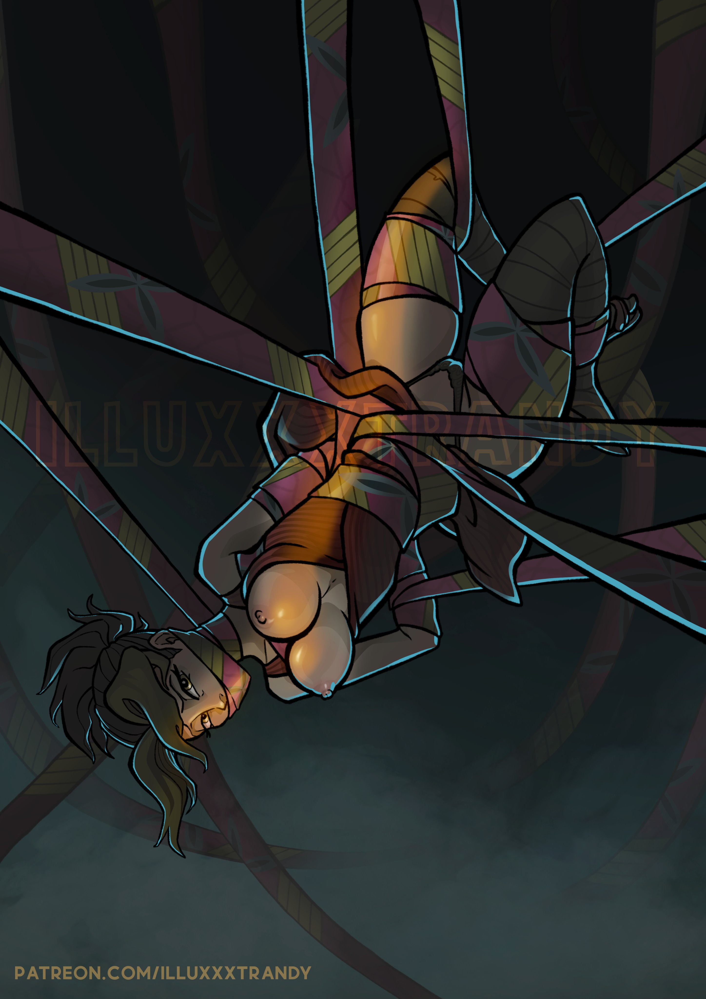 1girls, arms behind back, blonde hair, blonde-haired female, bondage, breasts, breasts out, covered mouth, demon slayer, female, female only, full body, gag, hanging breasts, illuxxxtrandy, japanese clothes, kimetsu no yaiba, kunoichi, looking at viewer, makio (kimetsu no yaiba), medium breasts, mouth mask, no bra, obi, ponytail, restrained, solo, suspension, thighhighs, thong, two-tone hair, upside-down