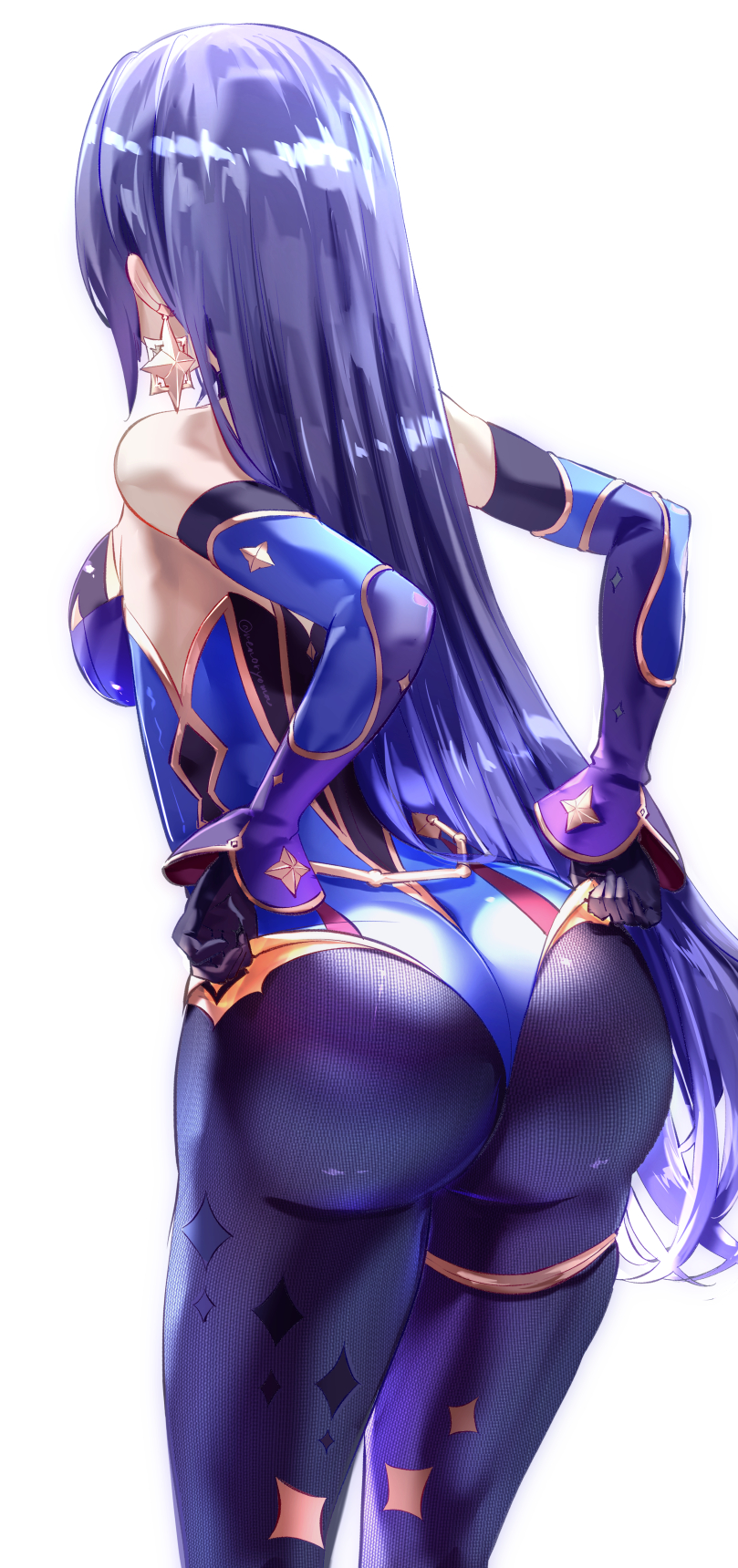 1girls, 2021, 2d (artwork), alternate hairstyle, alternate version available, ass, ass focus, back view, big ass, black hair, breasts, bubble ass, bubble butt, female, female only, genshin impact, hair down, highleg leotard, large ass, leggings, leotard, long hair, medium breasts, mona (genshin impact), purple leotard, reaching back, sheer legwear, sideboob, simple background, standing, thick thighs, thighs, tight clothing, tight fit, tights, uenoryoma, white background